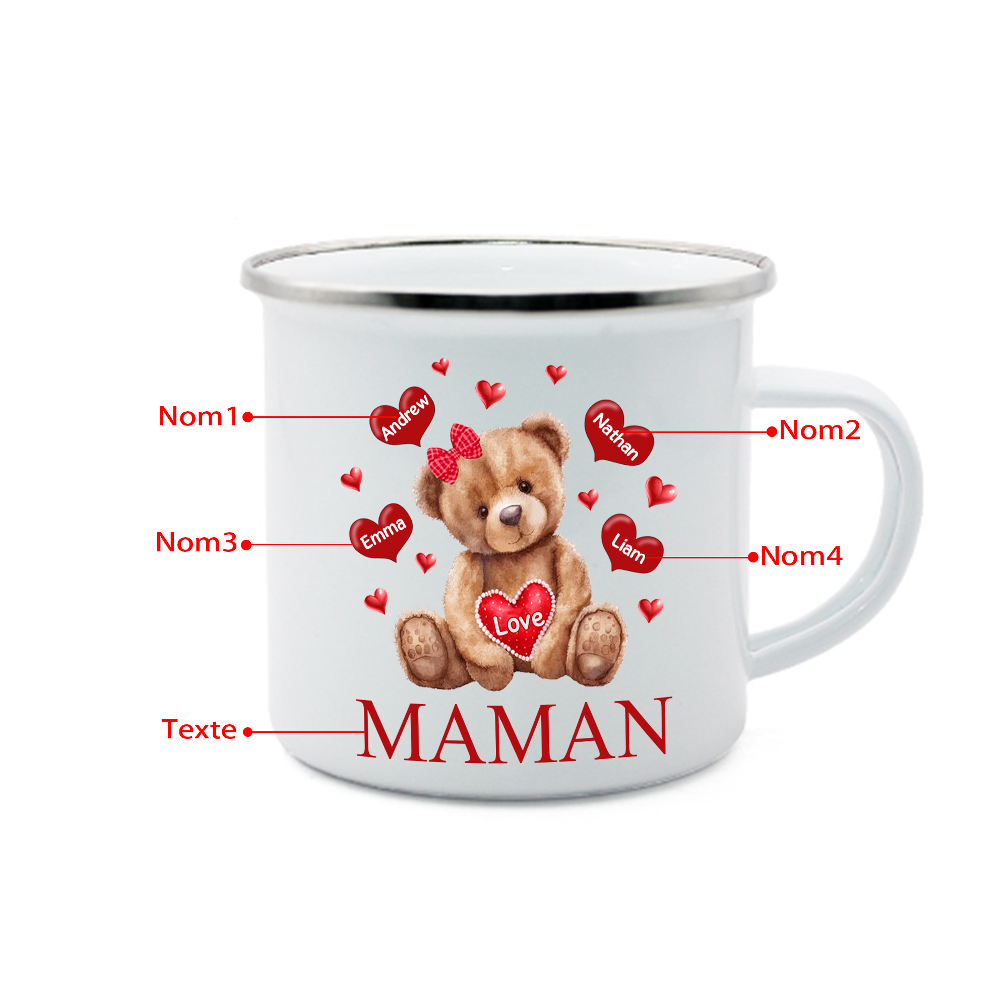 À Maman/Mamie - Tasse émaillée Ours 4 Prénoms Personnalisés