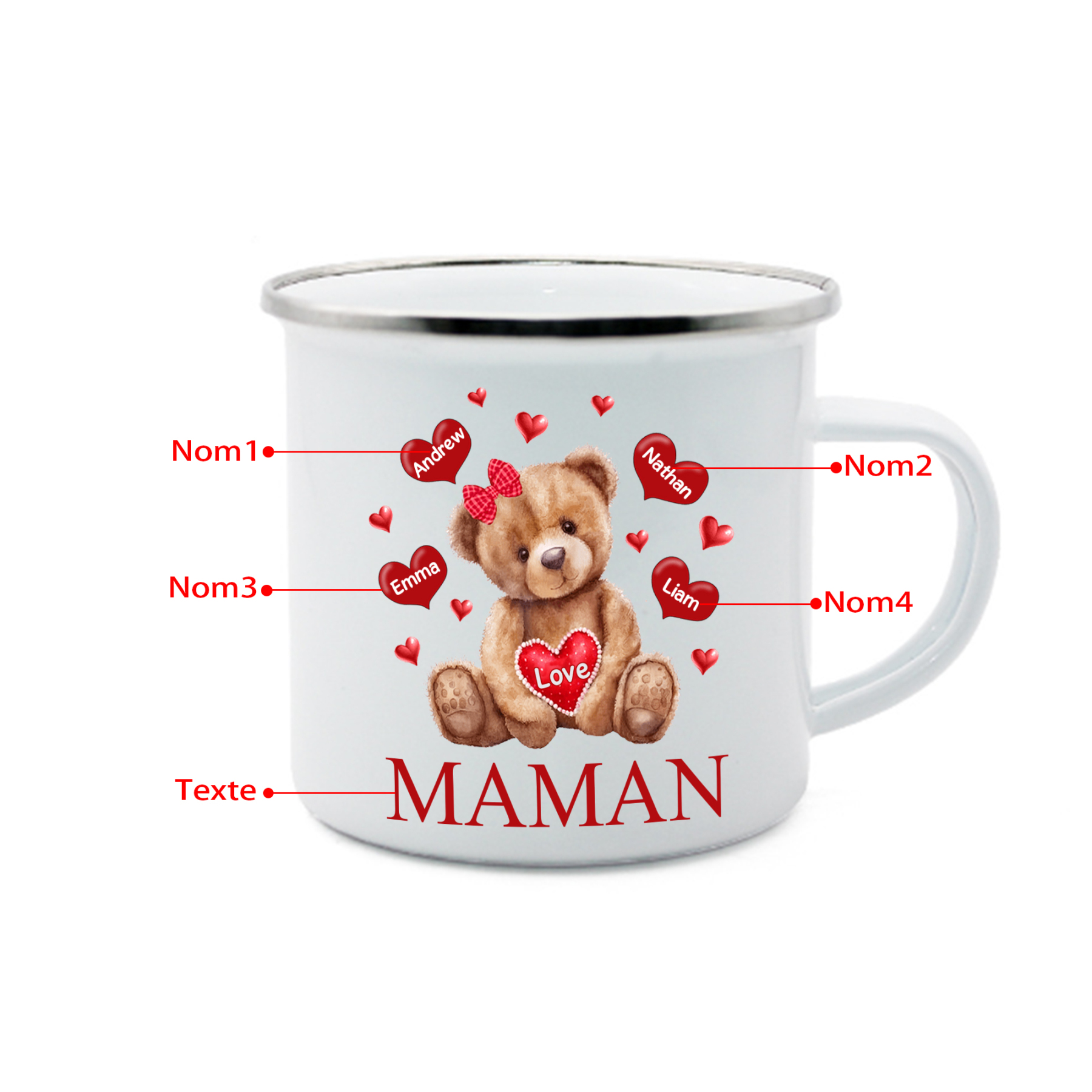 À Maman/Mamie - Tasse émaillée Ours 4 Prénoms Personnalisés
