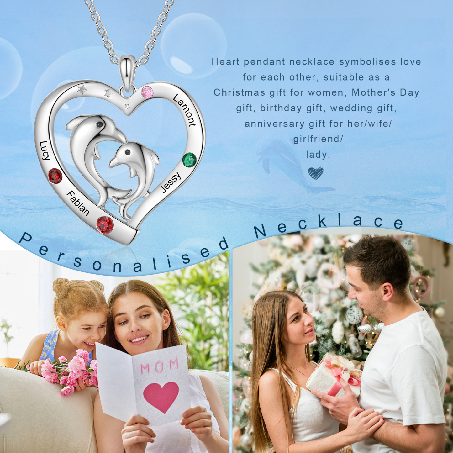 Collier Pendentif Cœur et Dauphin 4 Prénoms Personnalisés avec 4 Pierres de Naissance