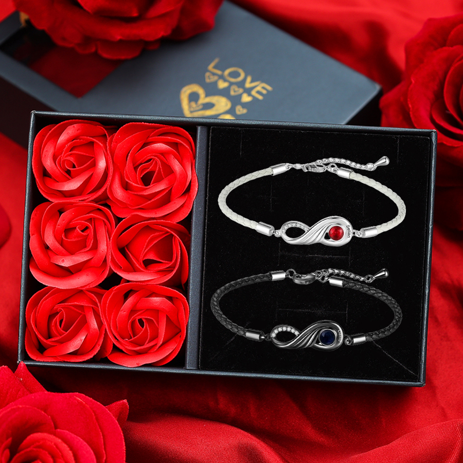 2PCS Bracelet Infini 2 Prénoms Personnalisés avec Pierre de naissance pour Couple Cadeau Saint-Valentin