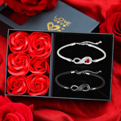 2PCS Bracelet Infini 2 Prénoms Personnalisés avec Pierre de naissance pour Couple Cadeau Saint-Valentin