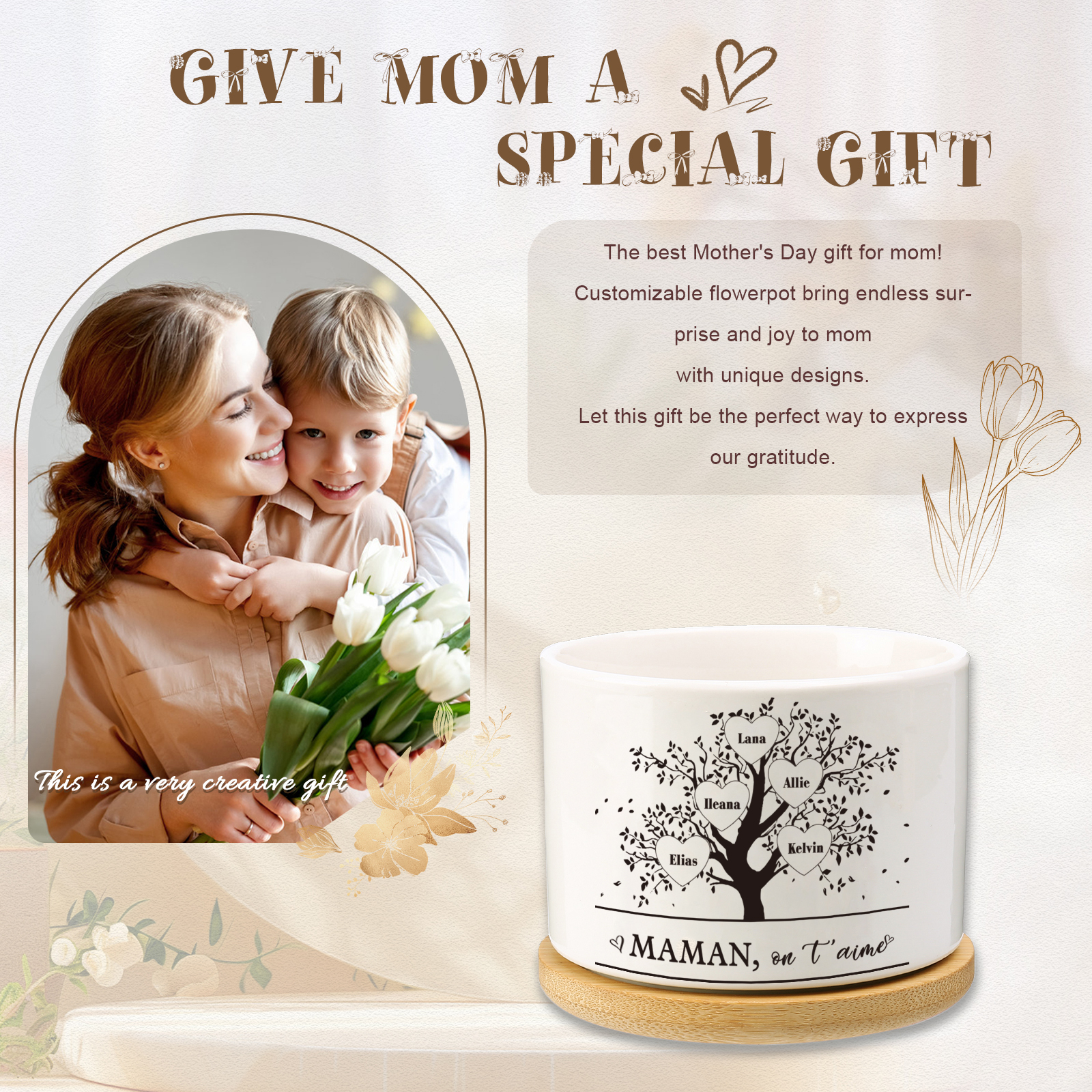 Vase/Pot de Fleurs Arbre de vie 5 Prénoms Personnalisés avec Texte Décoration de la Maison (sans plantes)