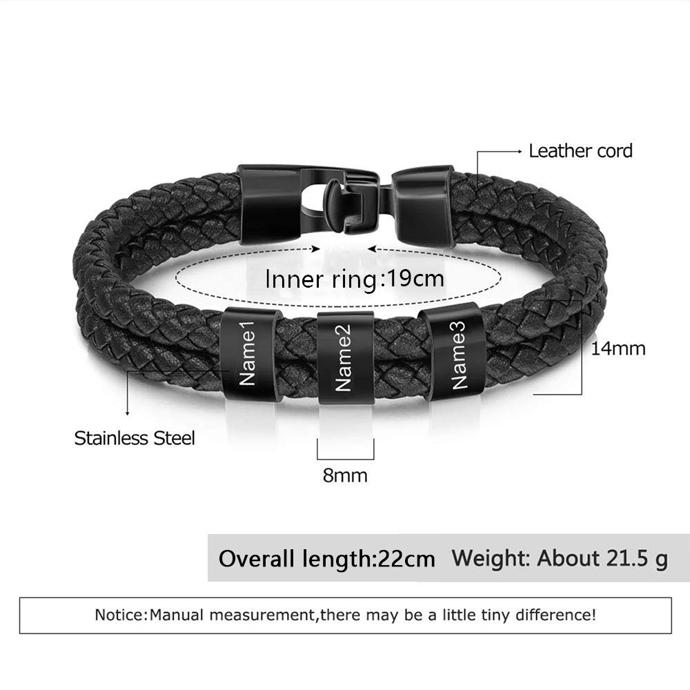 À mon Papa - Bracelet Personnalisé Homme Bracelet Cuir tressé 3 Perles et Prénoms Personnalisés|Jessemade