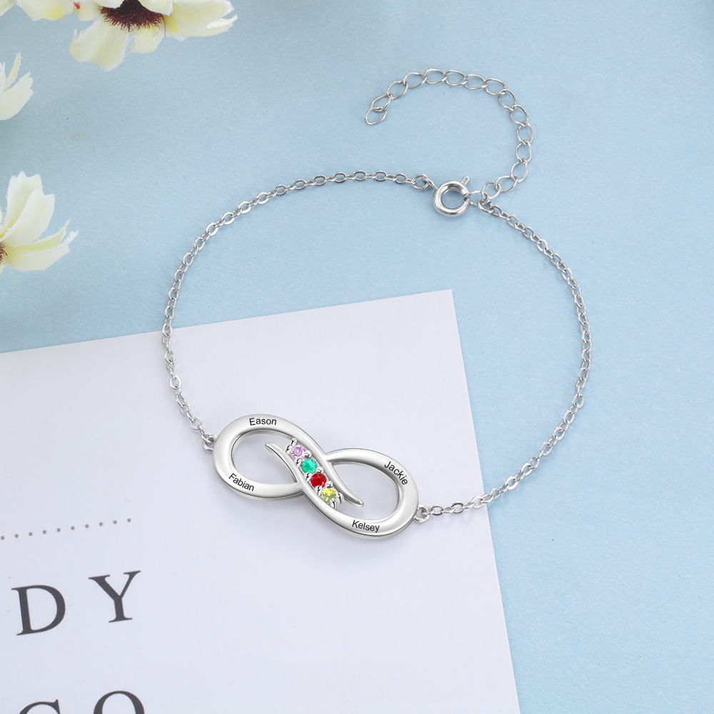 Bracelet infini 4 Prénom Personnalisé avec 4 Pierre de Naissance