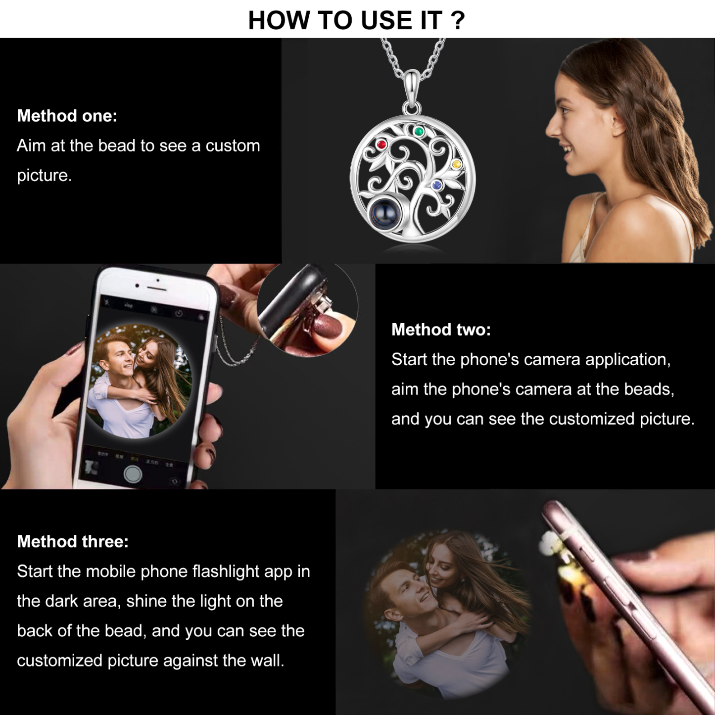 Collier Arbre Projection de Pierres 4 Pierres de naissance et 1 Photo  Personnalisés Collier pour Femmes | Jessemade