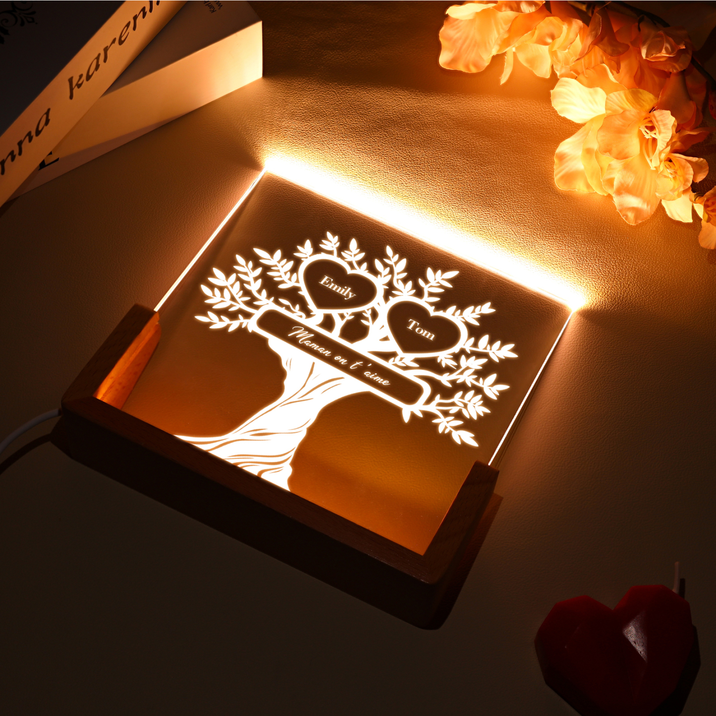 À Maman/Mamie - Lampe de chevet LED Arbre de Vie 2 Prénoms Personnalisés avec Texte pour Famille
