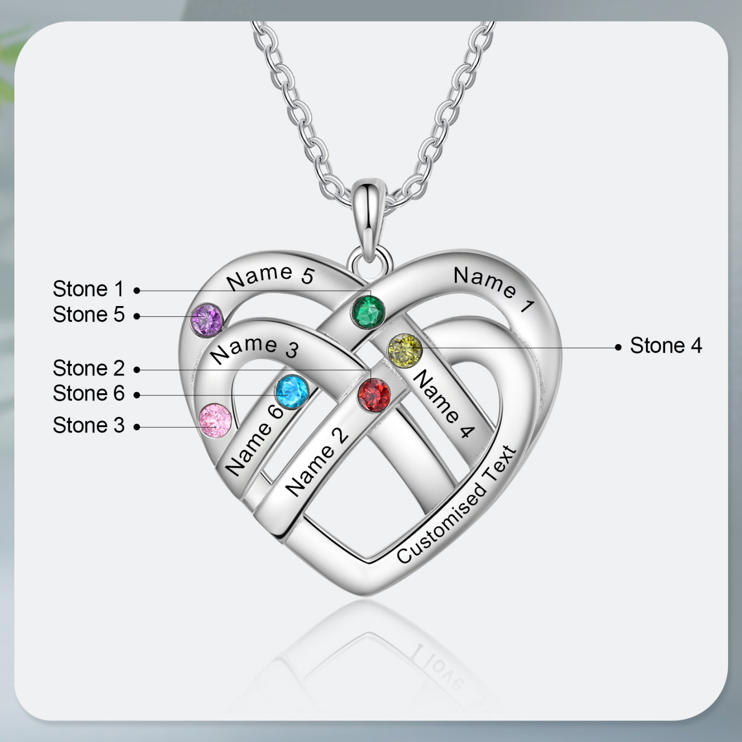 Collier Pendentif Cœur 6 Prénoms et 1 Texte Personnalisés avec 6 Pierres de Naissance Collier Femmes
