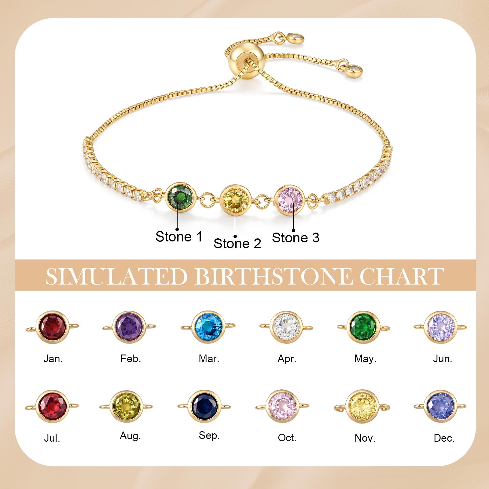 Bracelet Tennis Personnalisé avec 1 à 6 Pierres de Naissance
