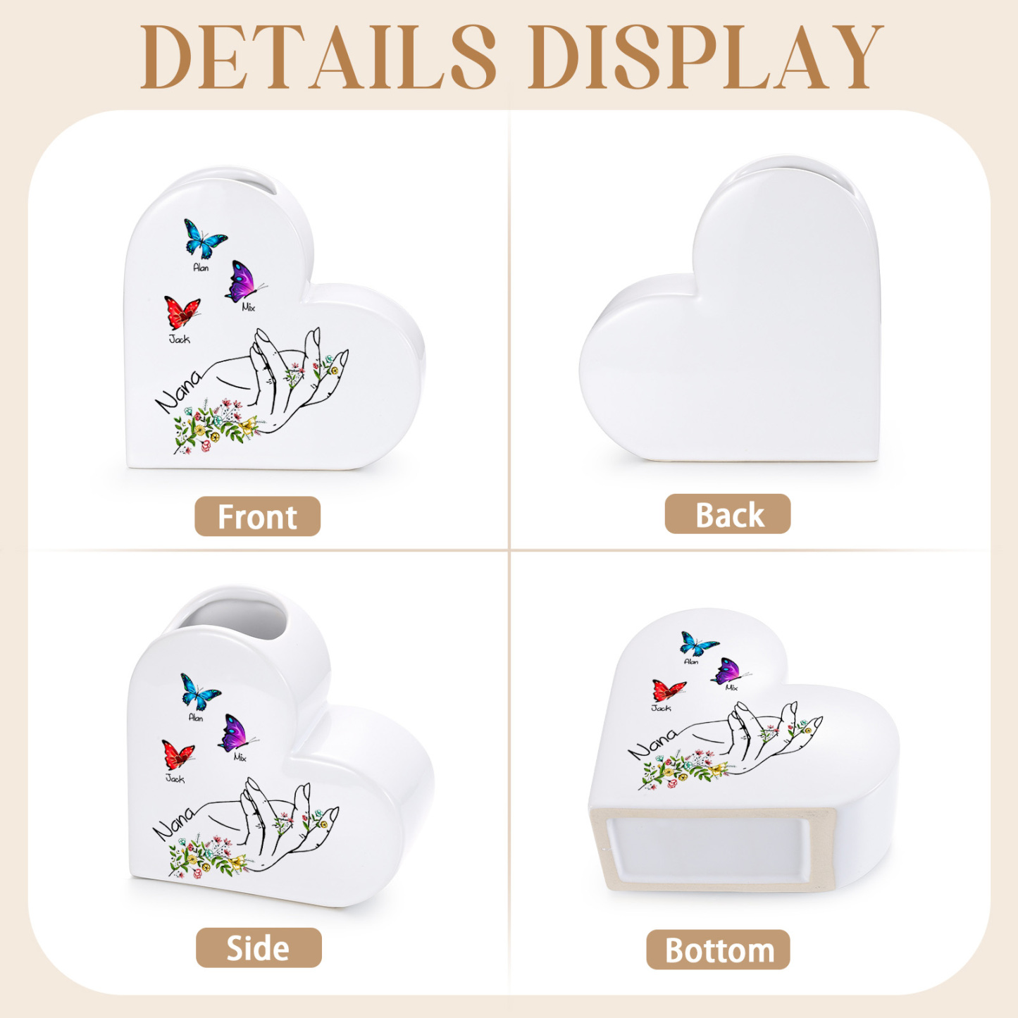 Vase Cœur en Céramique Personnalisé avec 2-8 Prénoms et Papillons