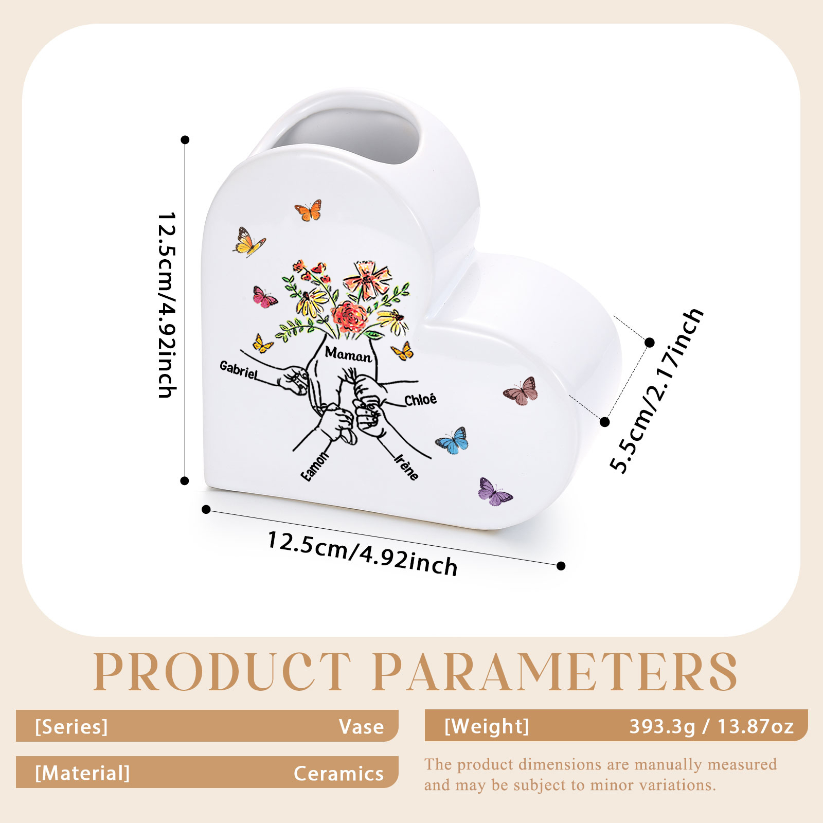 Vase Cœur en Céramique Personnalisé (2–8 Prénoms), Motif « Mains dans la main », Cadeau pour Maman ou Mamie