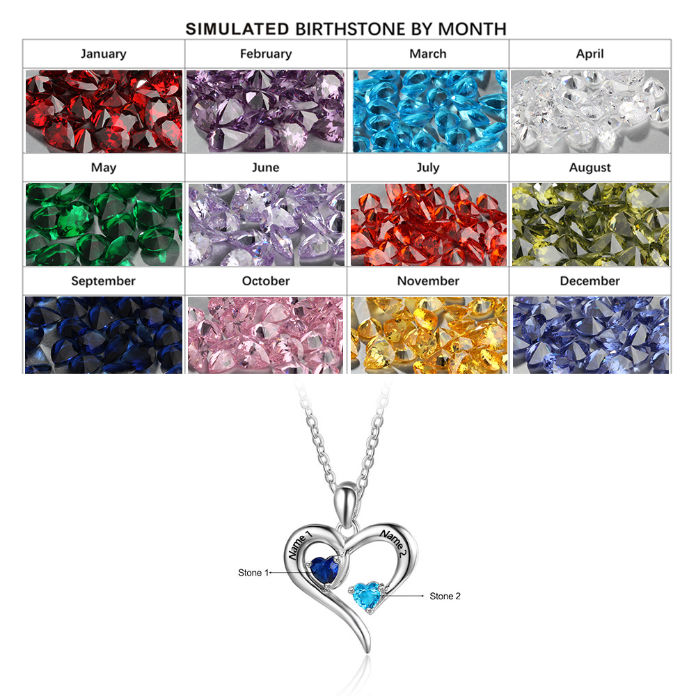 Collier Cœur Personnalisé en Argent 925, Gravé avec 2 Prénoms et orné de Pierres de Naissance