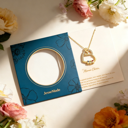 Collier Cœur Maman Personnalisé avec 1-6 Prénoms et Pierres de Naissance, Cadeau Fête des Mères