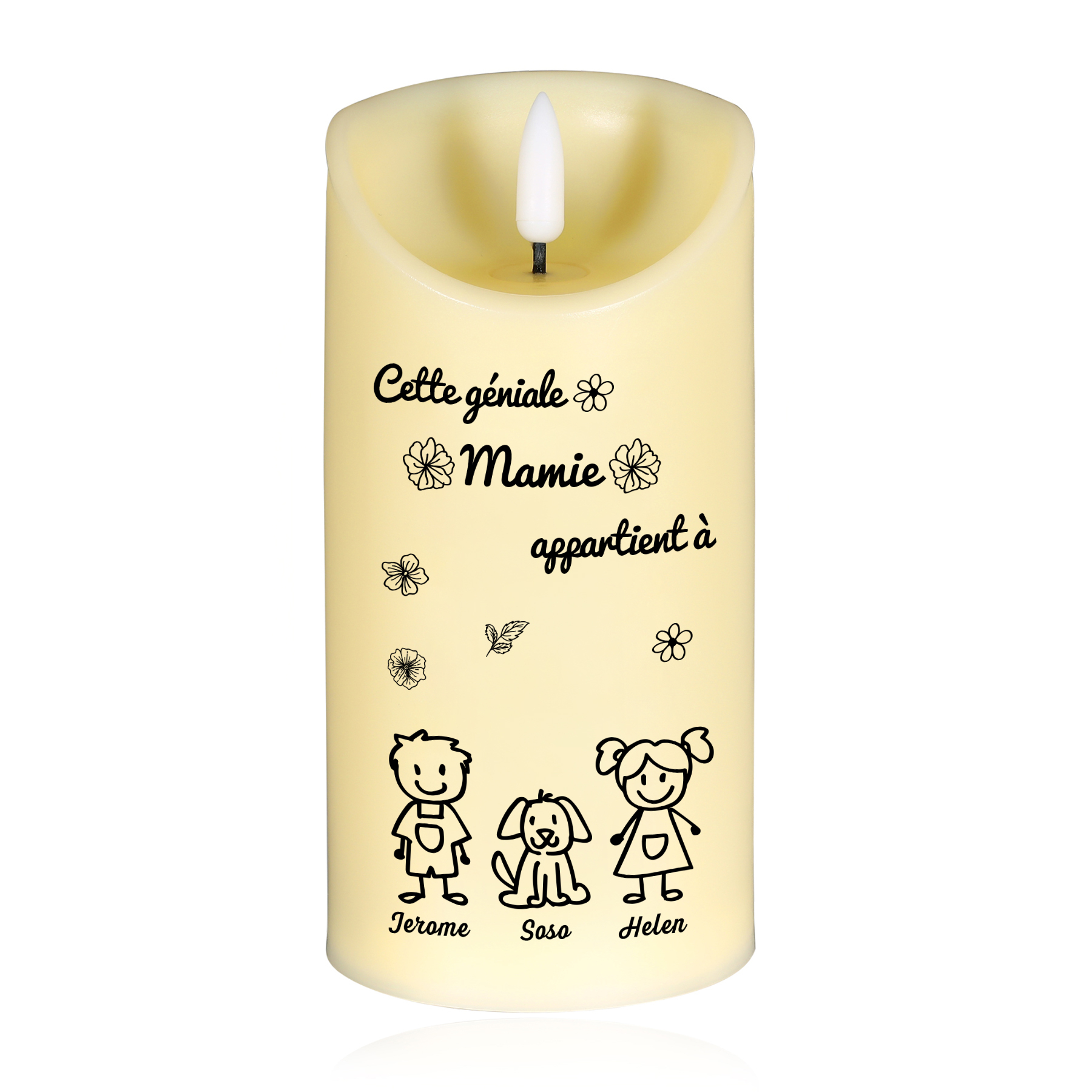 À Mamie - Bougie Électronique 3 Prénoms Personnalisés avec 3 Dessins Bougie LED Avec Coffret pour Mamie | Jessemade