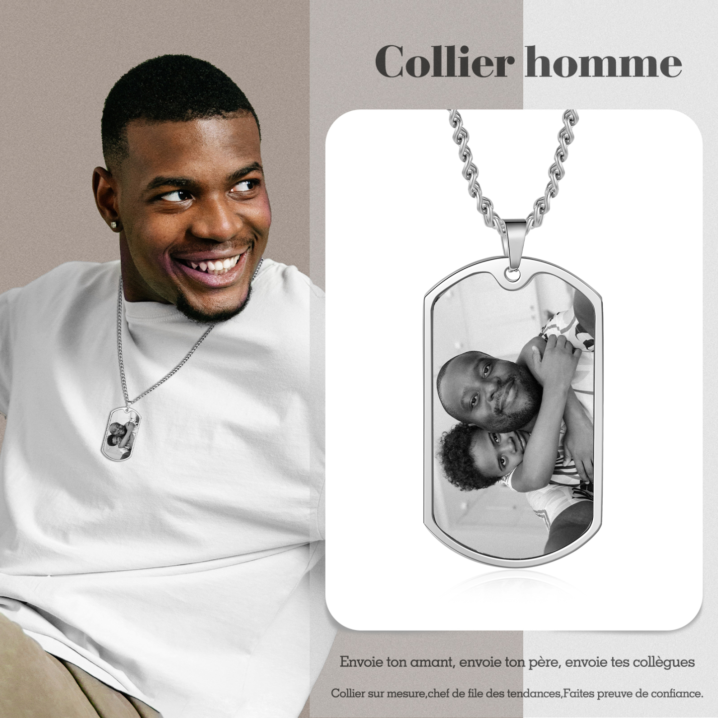 À Papa - Collier Poings 2 Prénom personnalisé avec photo et date Père et fils Collier Homme