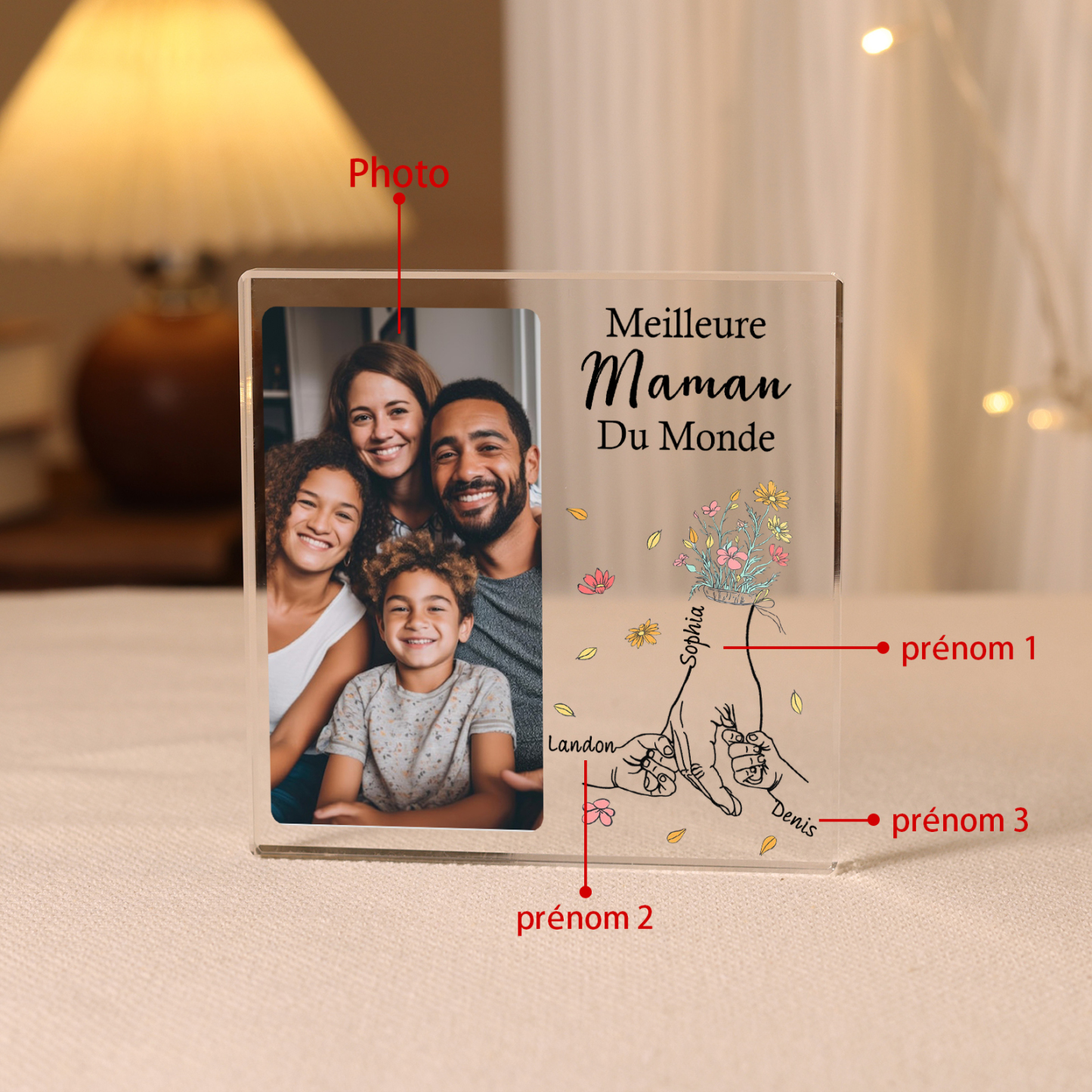 À ma Maman - Plaque Acrylique Carrée la Main dans la Main 3 Prénoms Personnalisés avec Photo