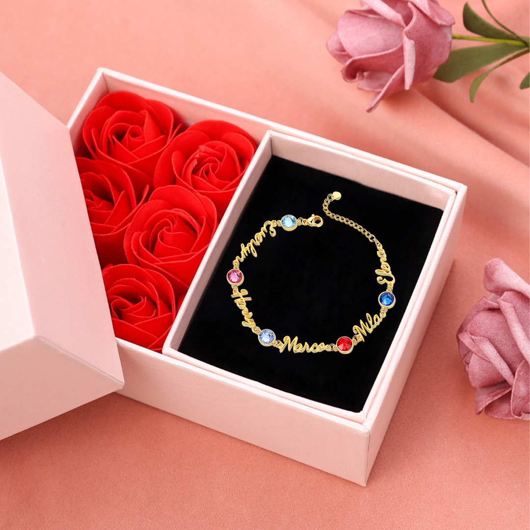 Bracelet Breloque 5 Prénoms Personnalisés avec 5 Pierre de Naissance pour Femmes