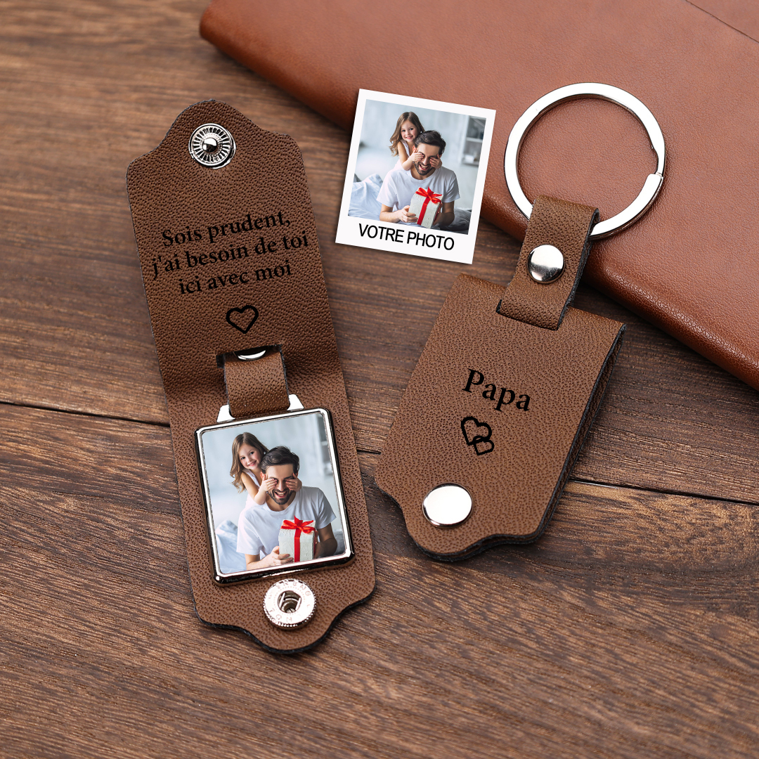 À mon Papa - Porte-Clés Cuir Texte et Photo Personnalisés