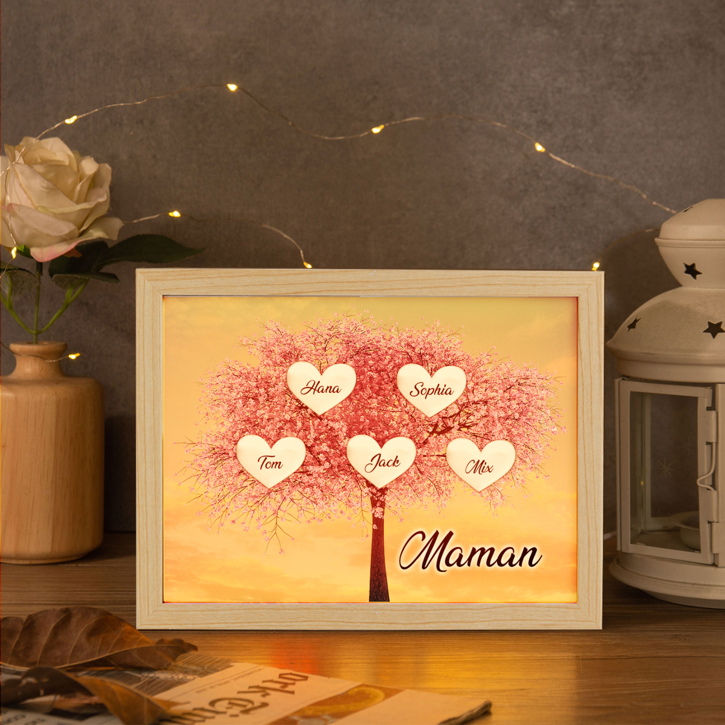 Cadre Photo LED Arbre de Vie 5 Prénoms et 1 Texte Personnalisé Décoration Famille