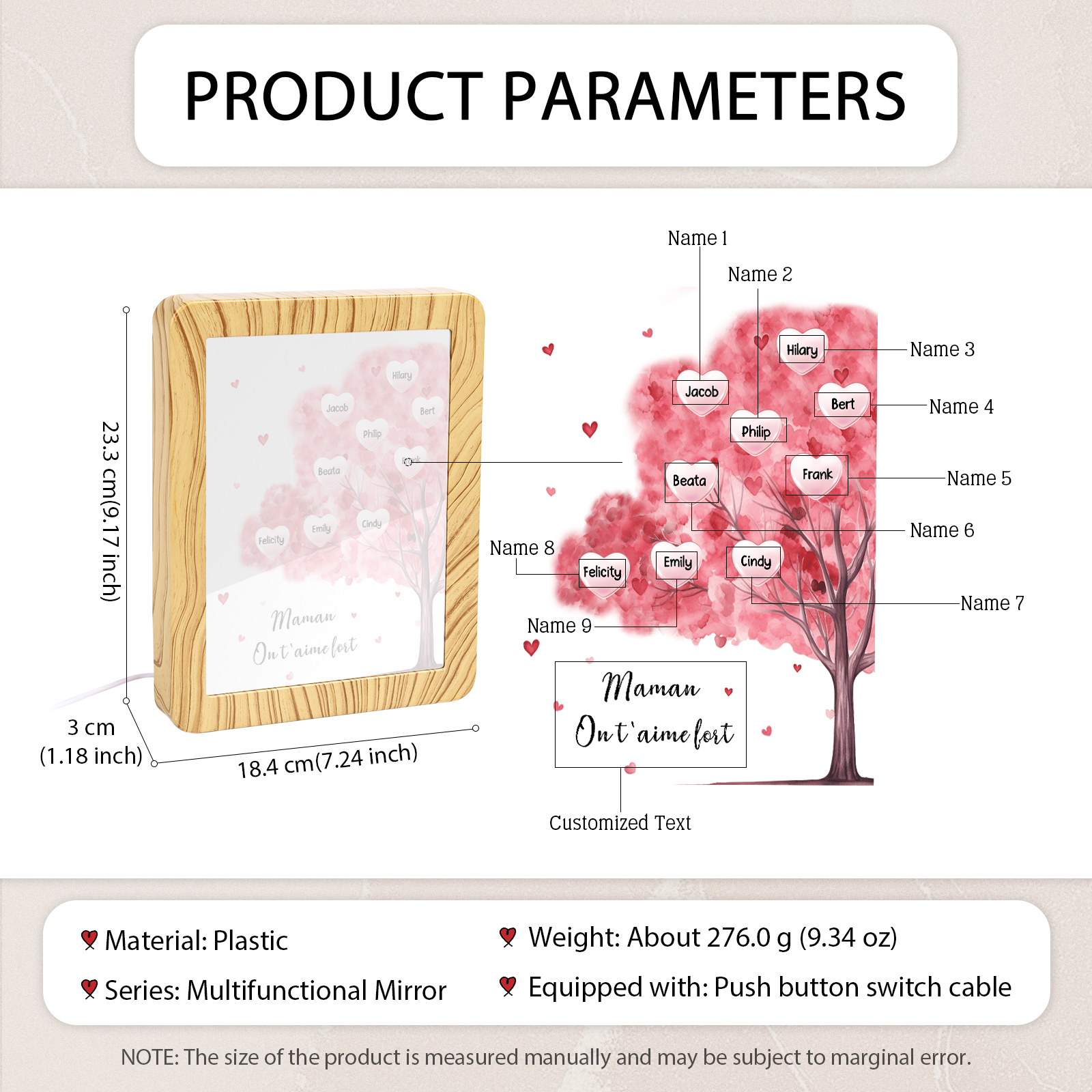 Cadre Photo/Miroir LED Multifonctionnel Arbre 9 Prénoms Personnalisés avec Texte pour Famille