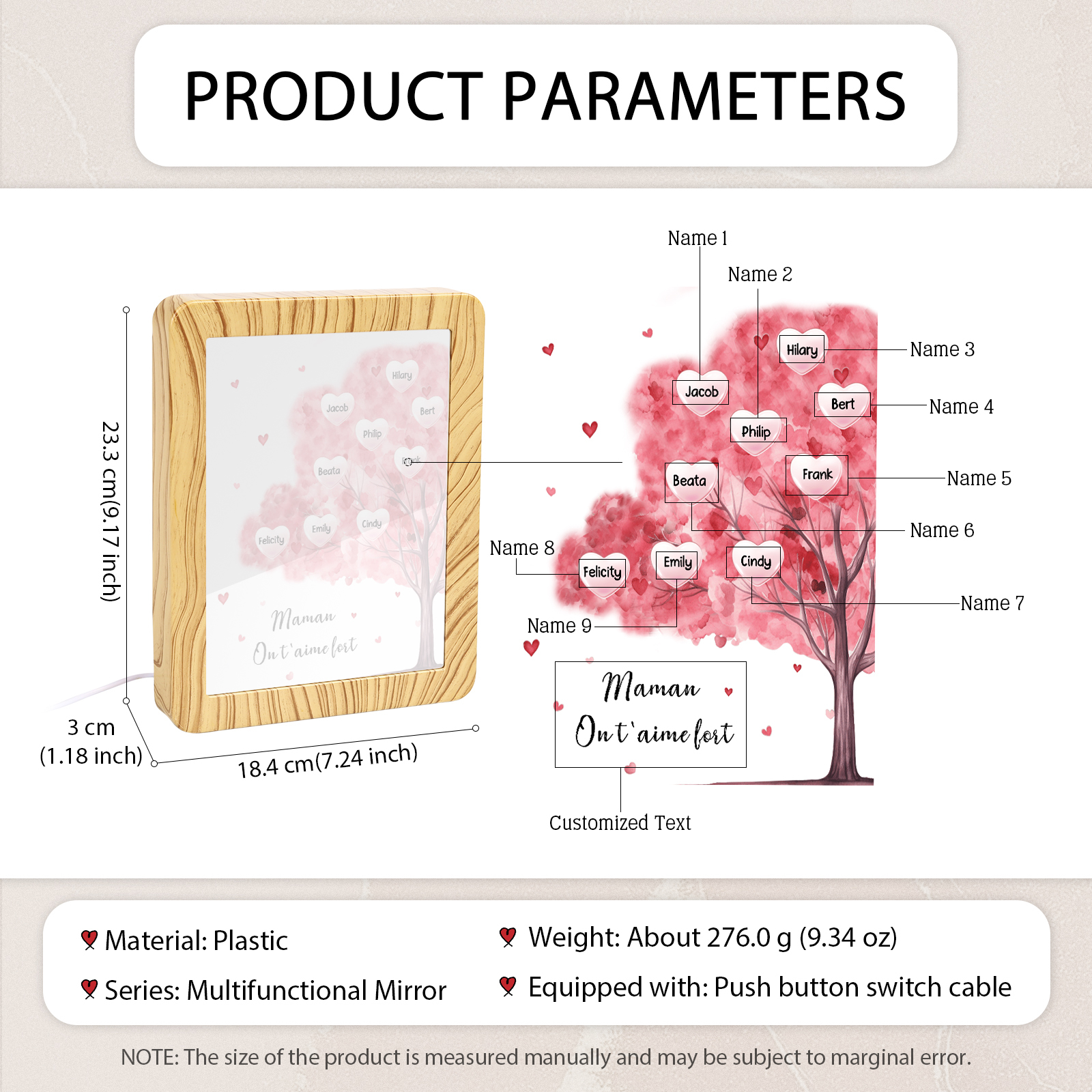 Cadre Photo/Miroir LED Multifonctionnel Arbre 9 Prénoms Personnalisés avec Texte pour Famille