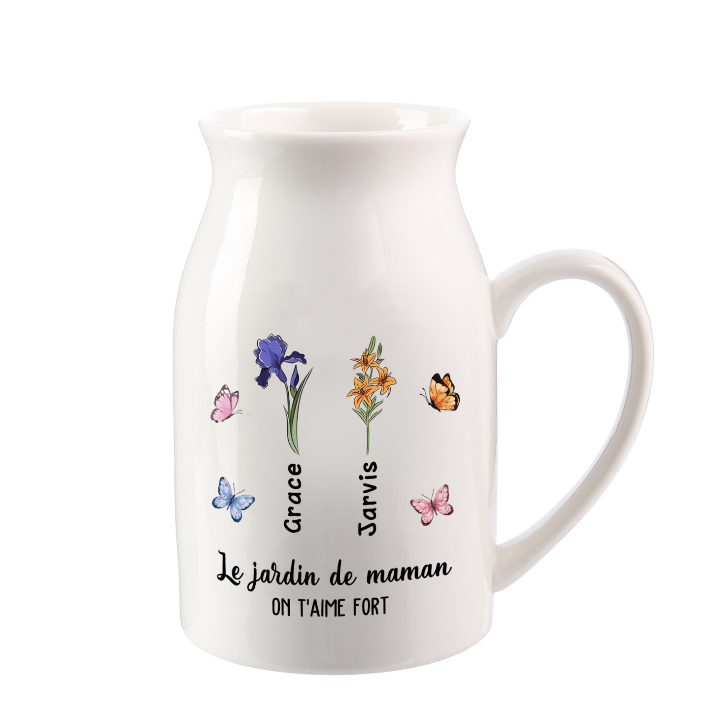 Vase à Fleurs Papillon 2 Prénoms et Fleurs de Naissance Personnalisés avec 2 Textes Décoration de la Maison | Jessemade