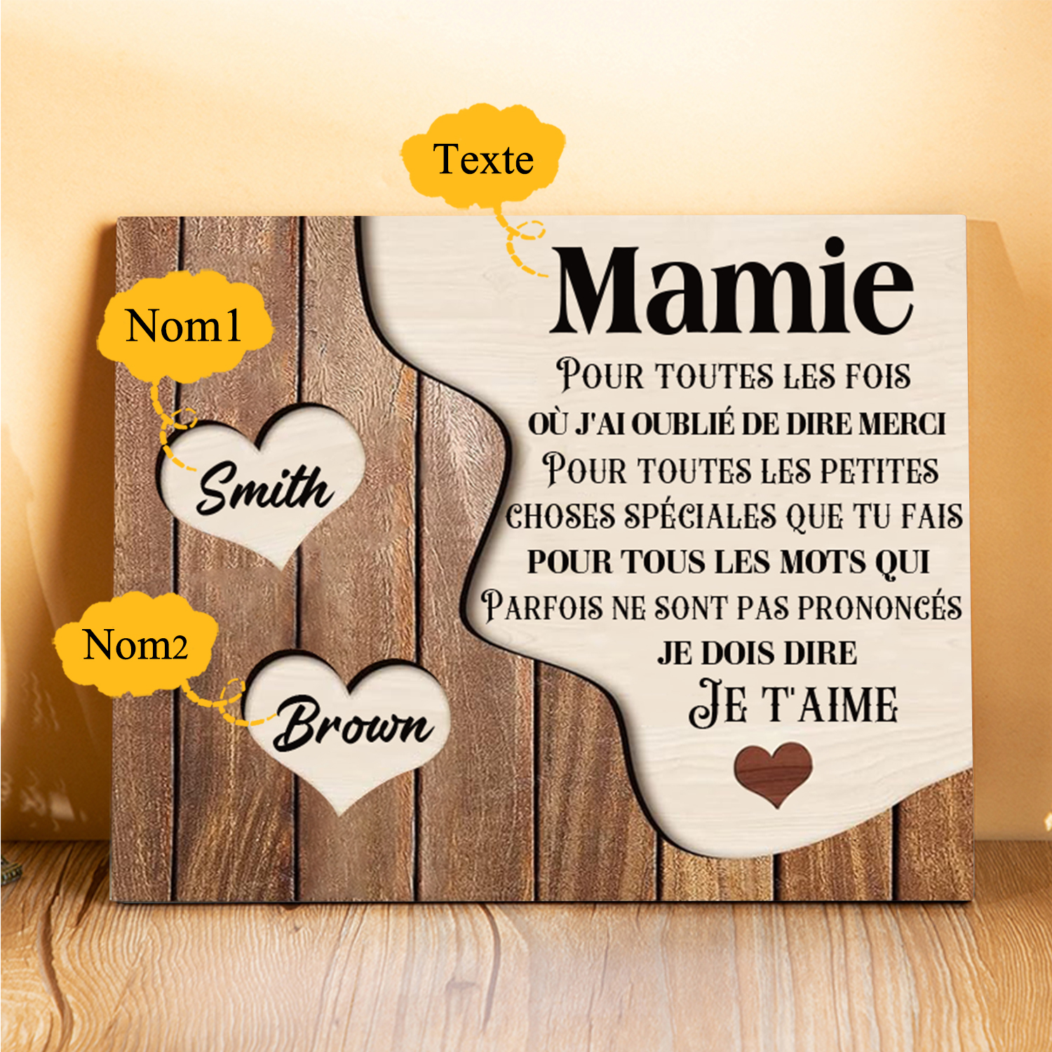 À ma Maman/Mamie - Cadre en Bois 2 Prénoms Personnalisés avec Texte Cadeau pour Famille