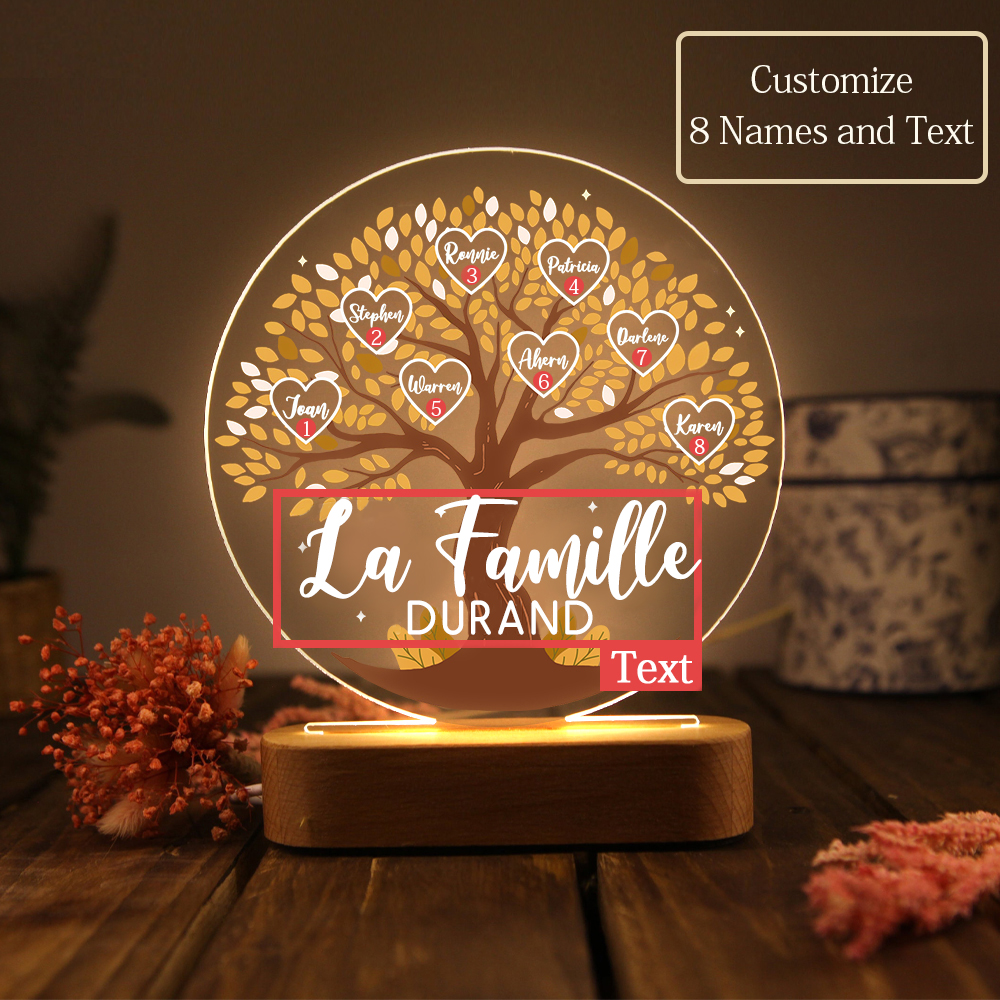 Lampe de chevet Arbre de Vie LED Lumières 8 Prénoms et 1 Texte Personnalisés pour Famille