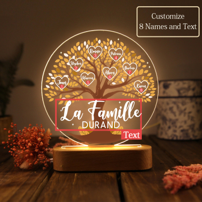 Lampe de chevet Arbre de Vie LED Lumières 8 Prénoms et 1 Texte Personnalisés pour Famille