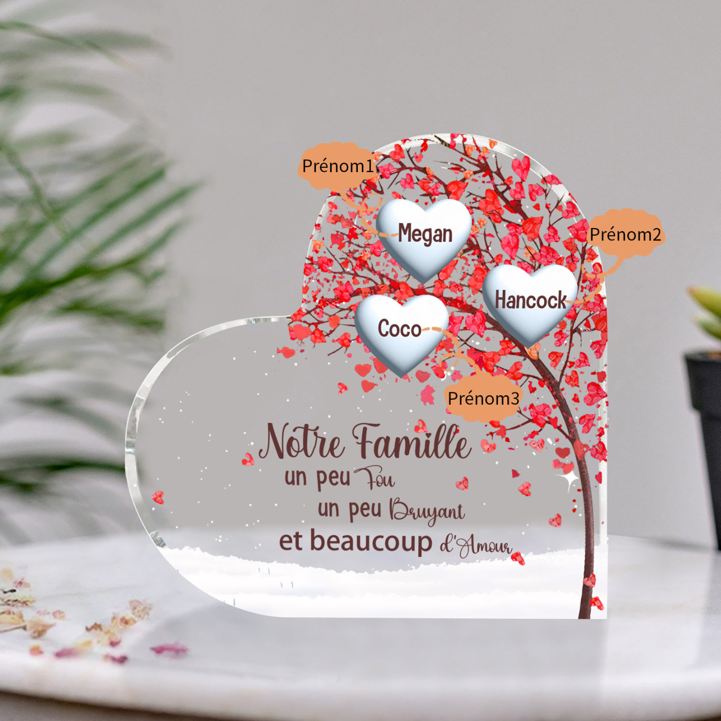 Plaque Acrylique en Forme de Cœur arbre 3 Prénoms Personnalisés Cadeau famille | Jessemade