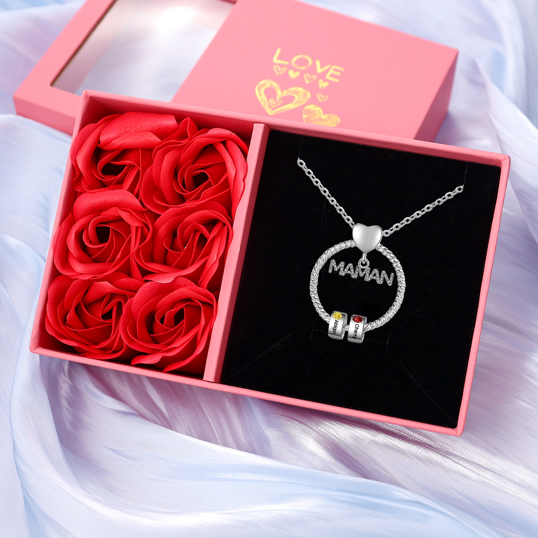 À ma Maman - Collier Pendentif 2 Prénoms Personnalisés avec Pierre de naissance