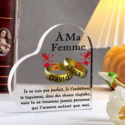 À Ma Femme-Plaque Acrylique en Forme de Cœur 2 Prénoms Personnalisés