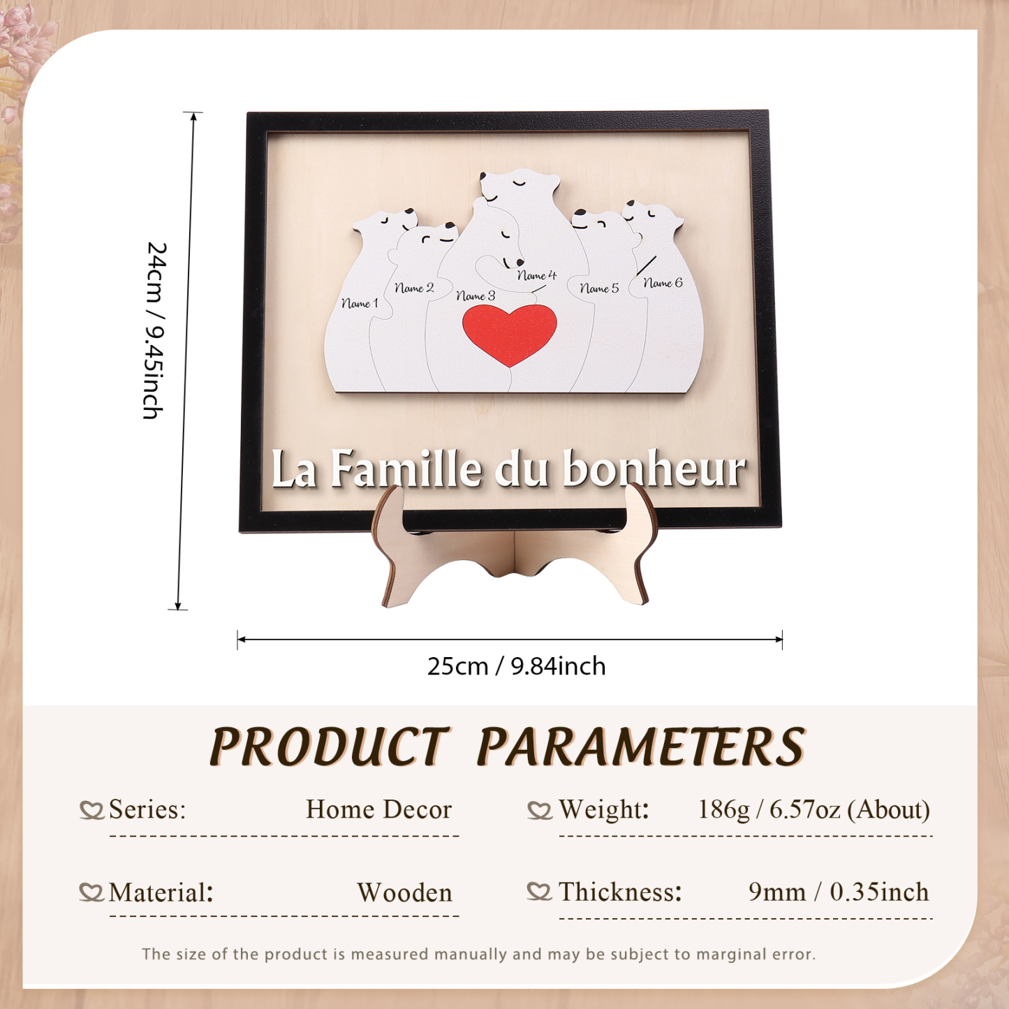 À ma Famille - Décoration en bois Ours 6 Prénoms Personnalisés Ornement pour Famille