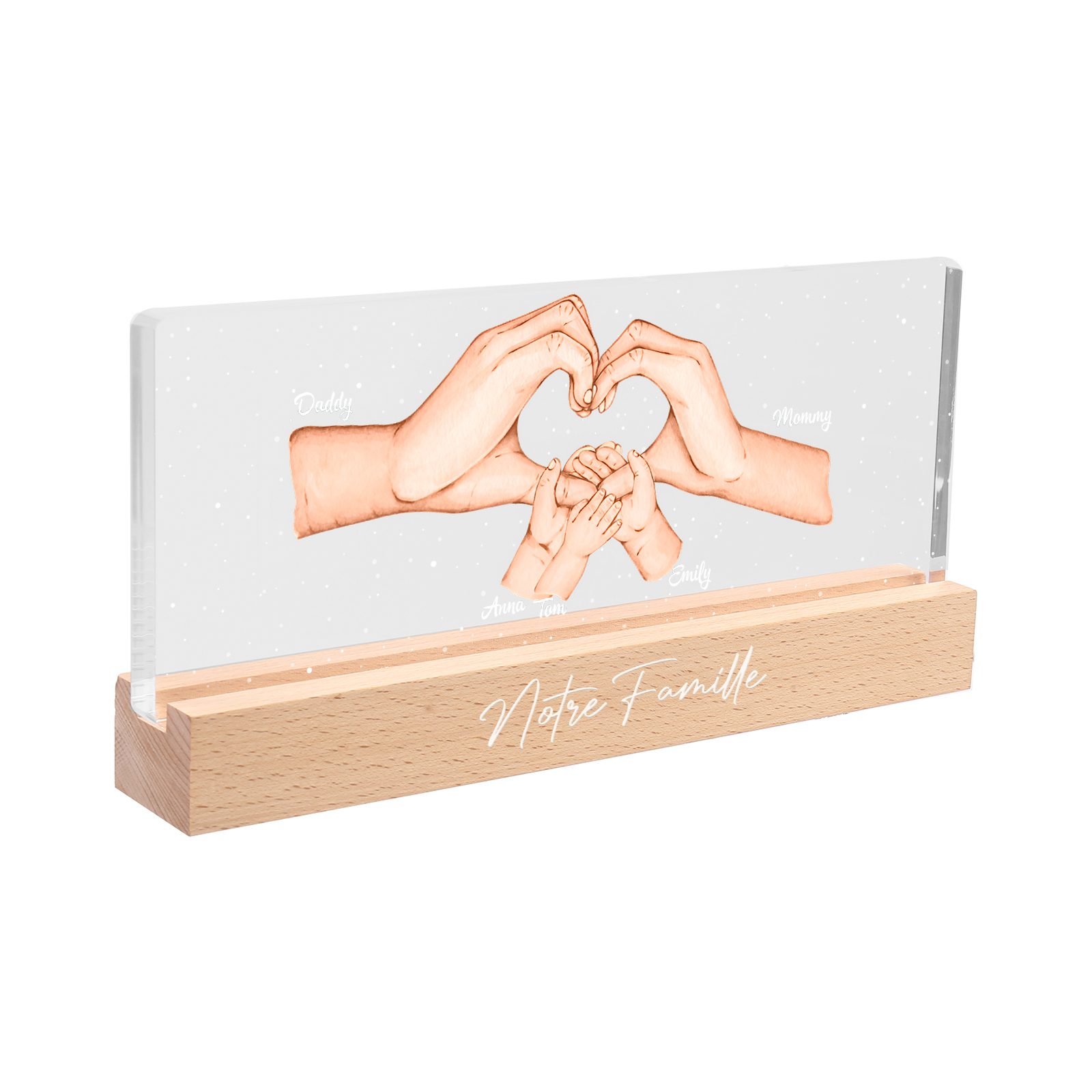 À ma Famille- Lampe de chevet LED la Main dans la Main 5 Prénoms Personnalisés avec Texte