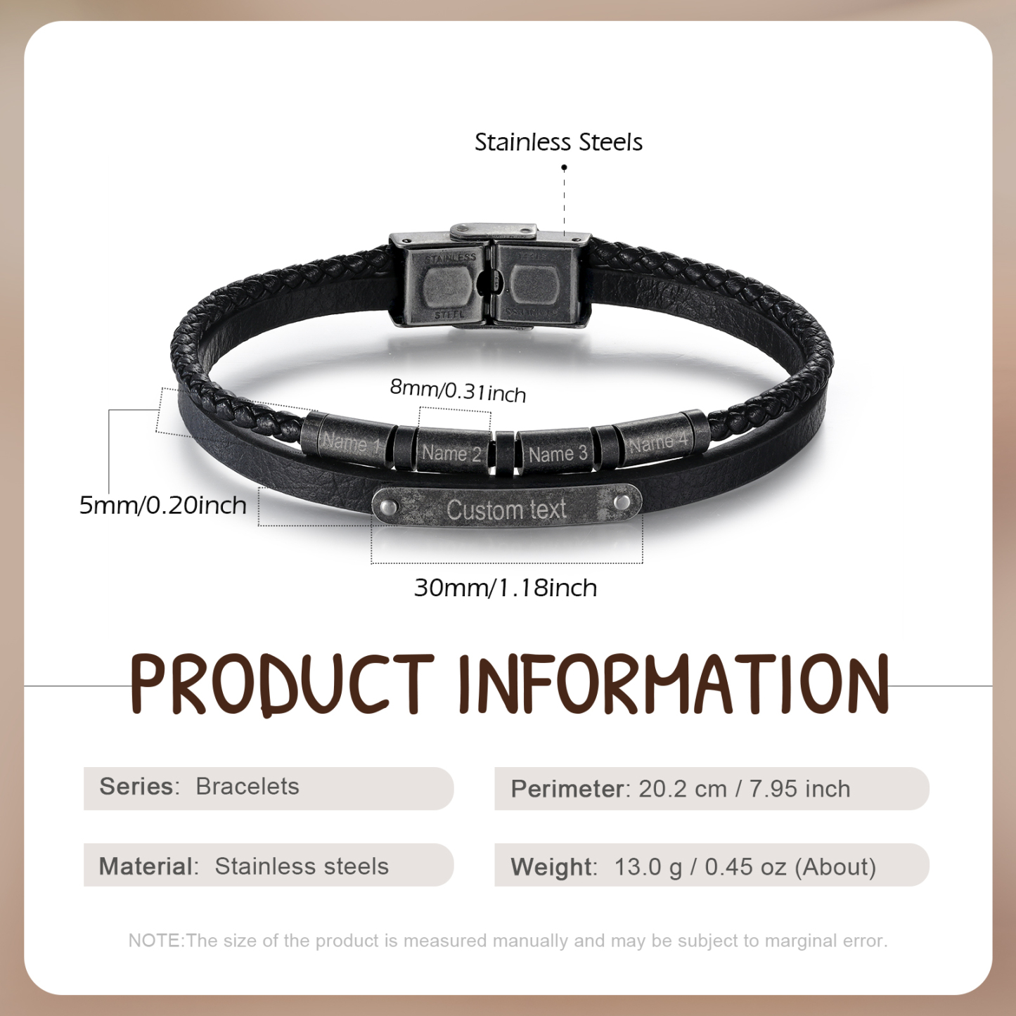 Bracelet Cuir 2-5 Préoms Personnalisés avec Texte pour Homme