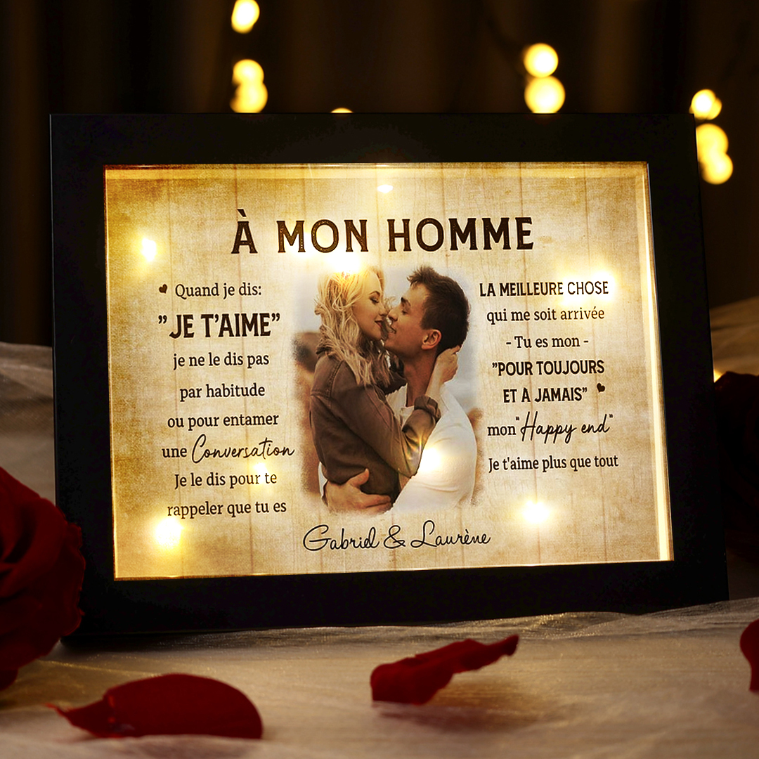 Cadre en bois LED de Saint-Valentin 2 Prénoms personnalisé avec photo