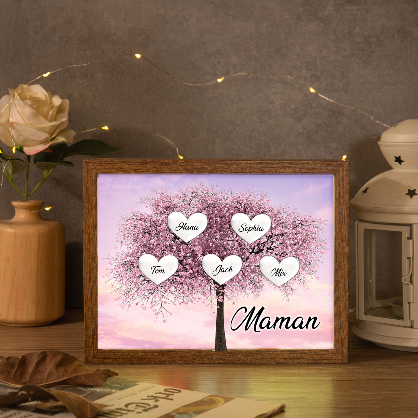 Cadre Photo LED Arbre de Vie 5 Prénoms et 1 Texte Personnalisé Décoration Famille