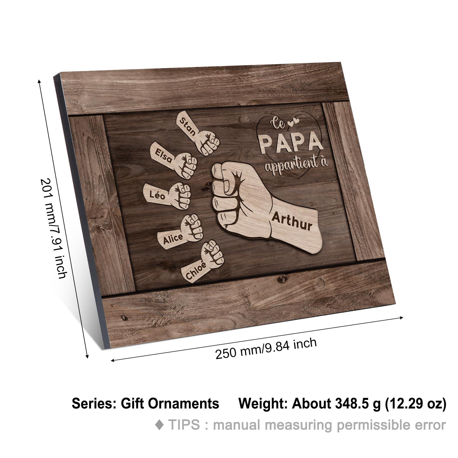 À Mon Papa/Papy-Cadre Imprimé en Bois Poings 6 Prénoms Personnalisés avec Texte