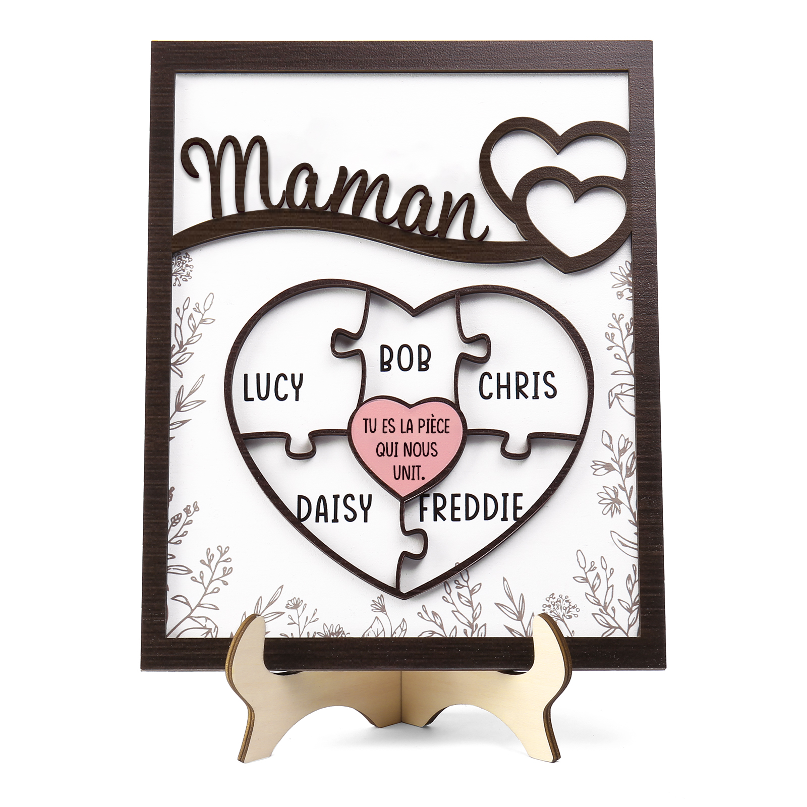 À ma Maman - Décoration en bois Cœur et Puzzle 5 Prénoms Personnalisés Ornement pour Famille