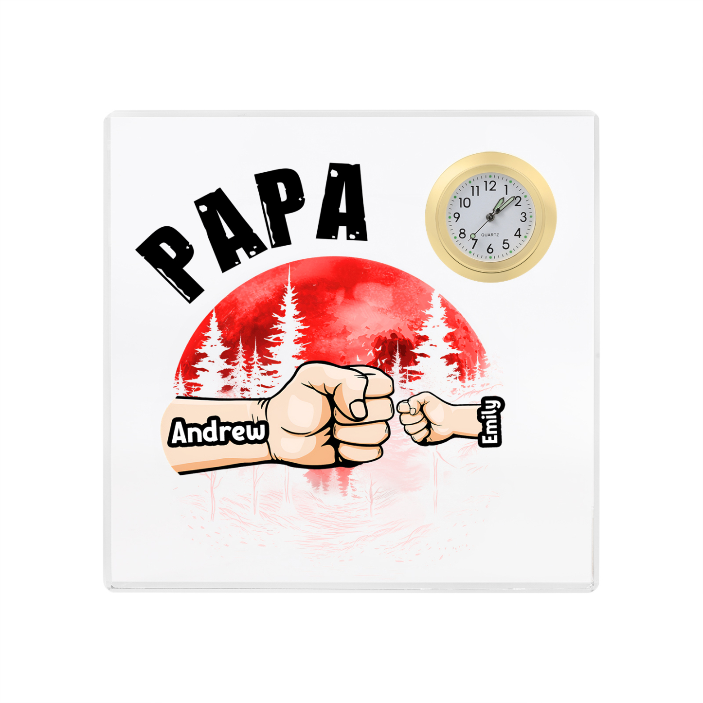 À Papa/Papi - Plaque Acrylique Poings Rectangle avec Horloge 2 Prénoms et 1 Texte Personnalisés