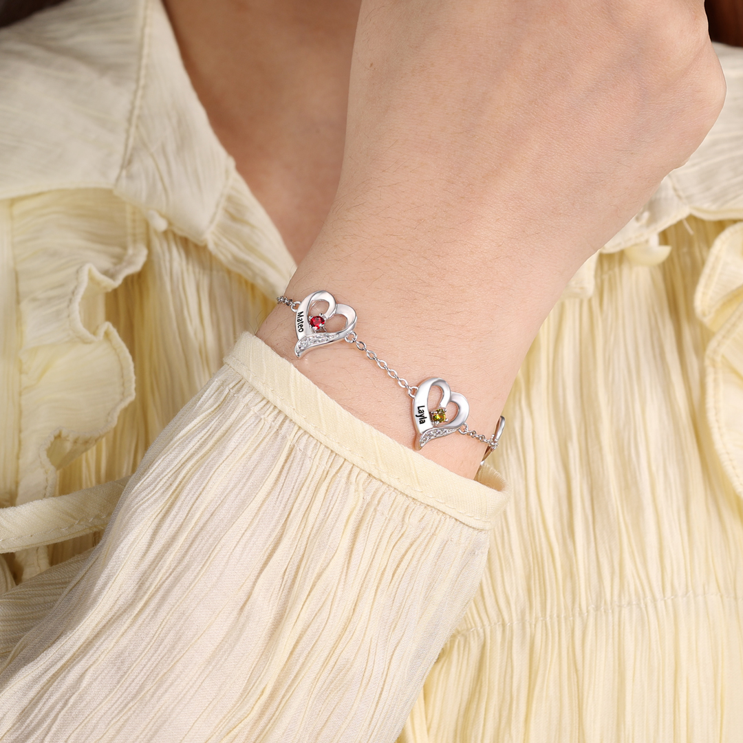 Bracelet Cœur gravé 3 Prénoms Personnalisés avec 3 Pierres de Naissance