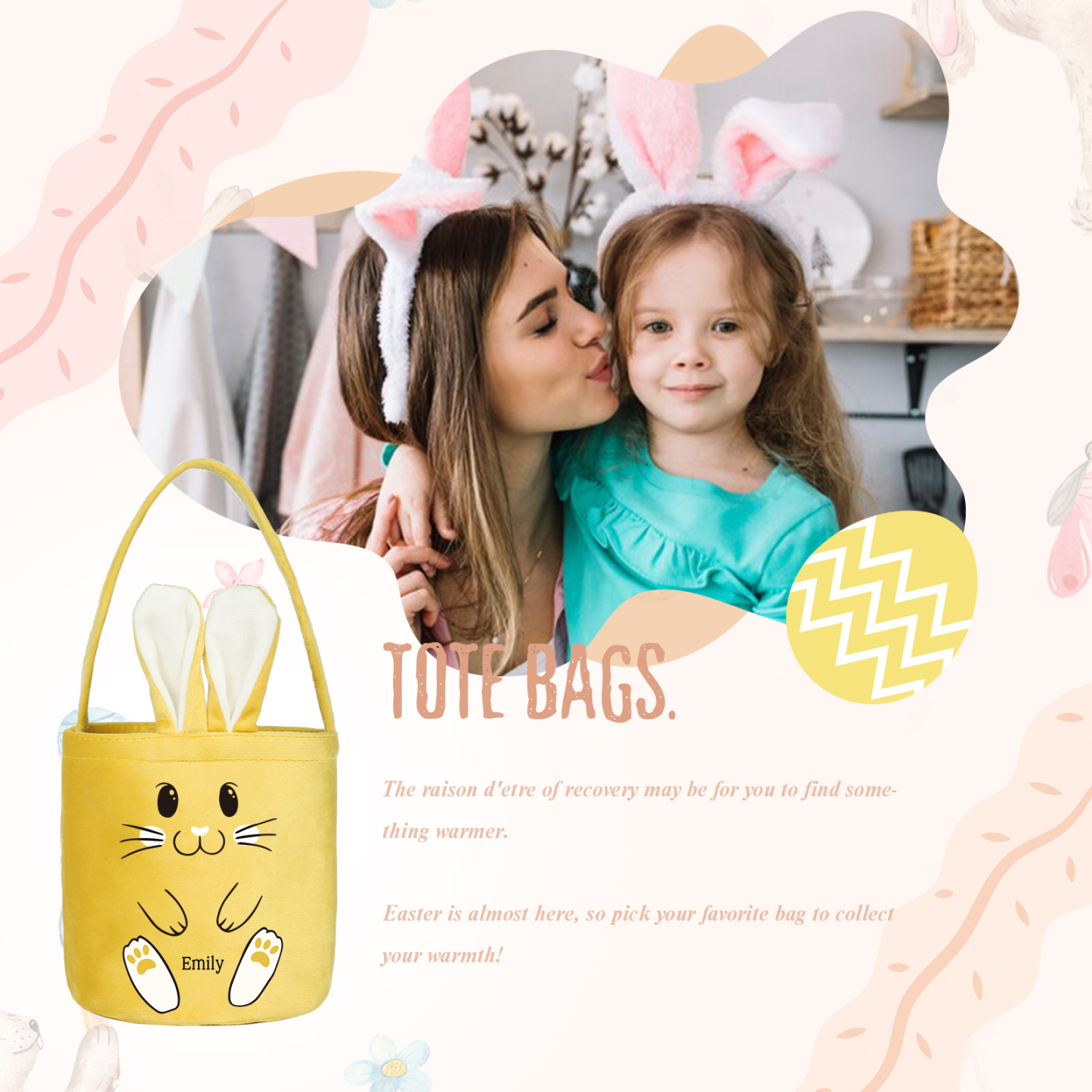 Sac de Pâques Lapin 1 Prénom Personnalisé Tote Bag Enfant