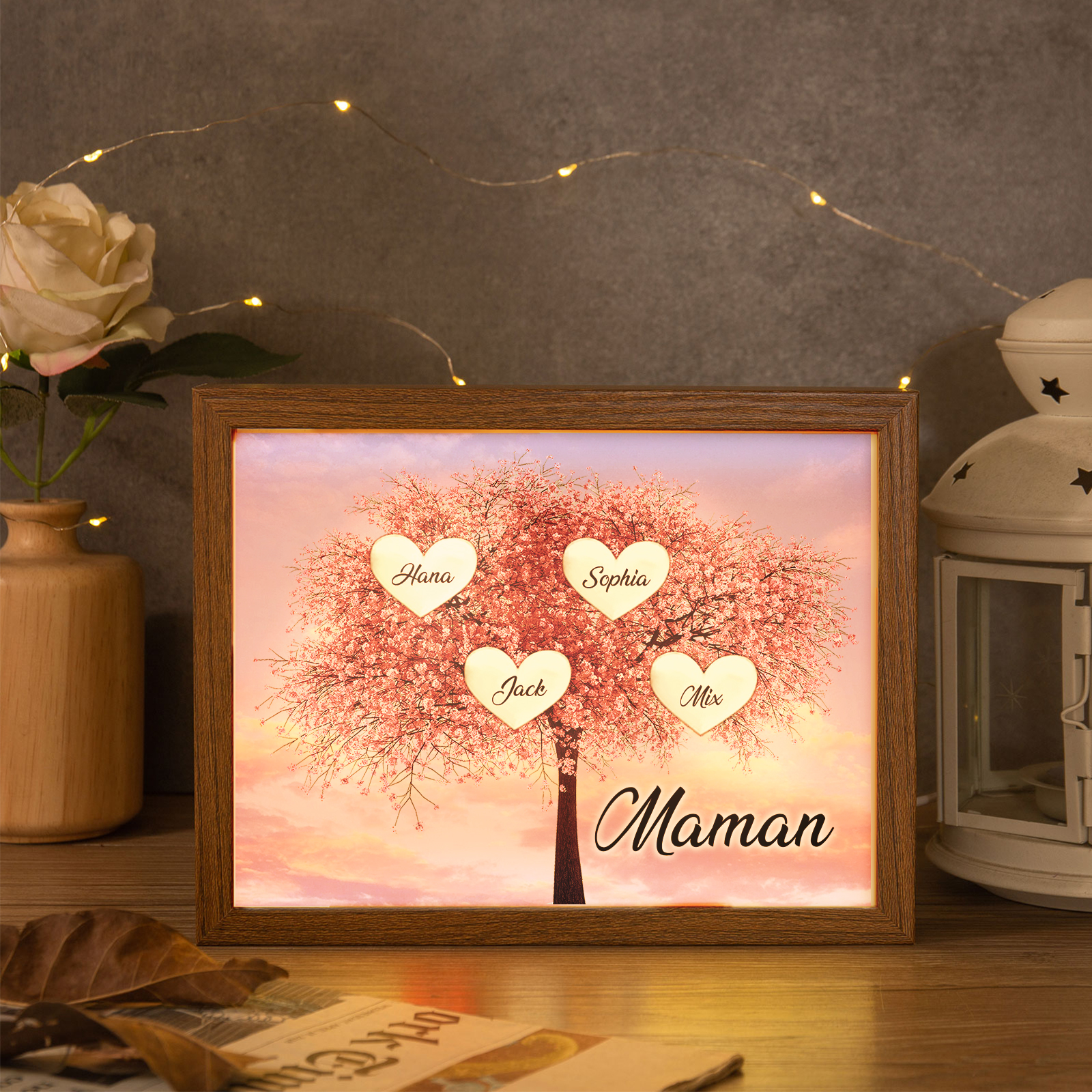 Cadre Photo LED Arbre de Vie 4 Prénoms et 1 Texte Personnalisé Décoration Famille
