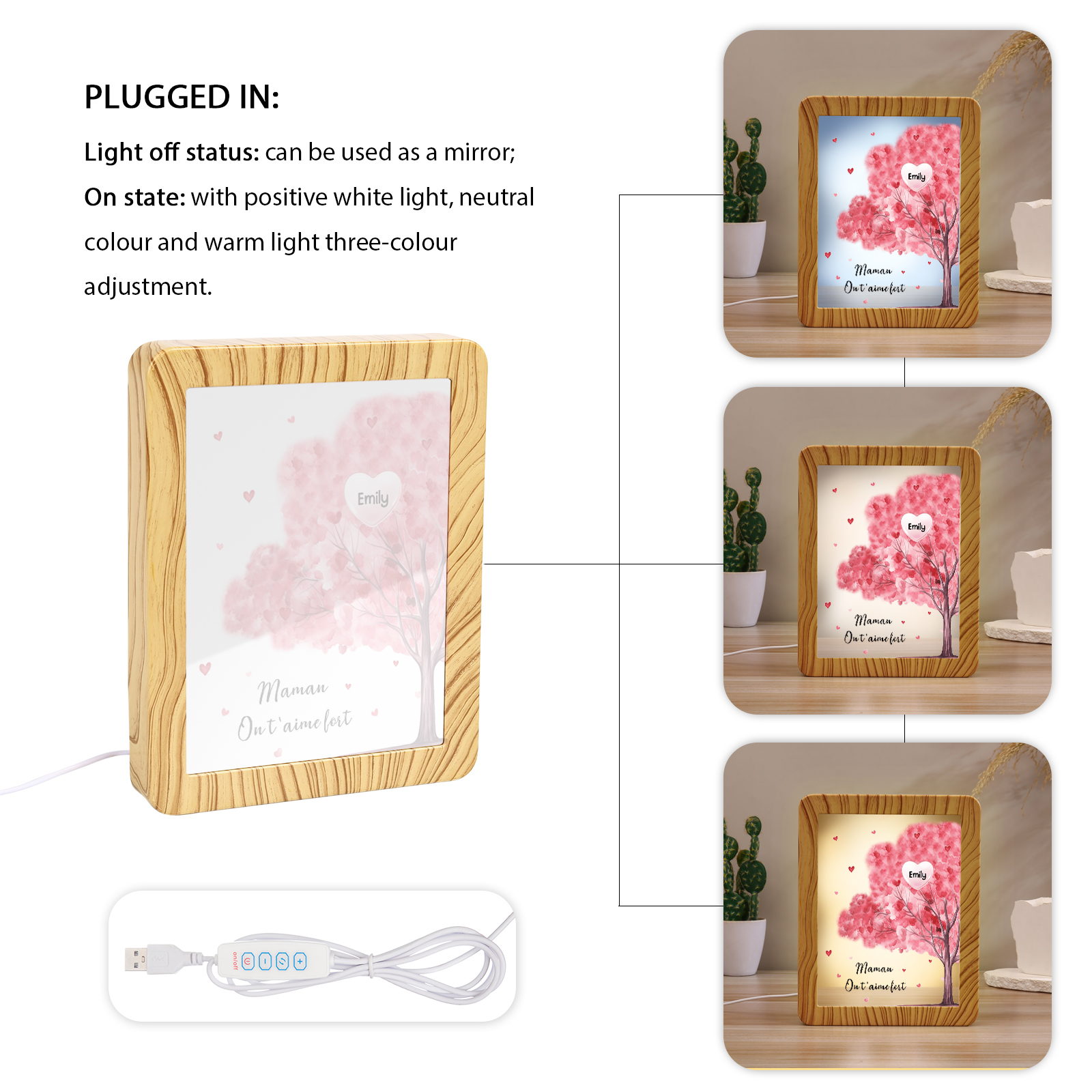 Cadre Photo/Miroir LED Multifonctionnel Arbre 1 Prénom Personnalisé avec Texte pour Famille