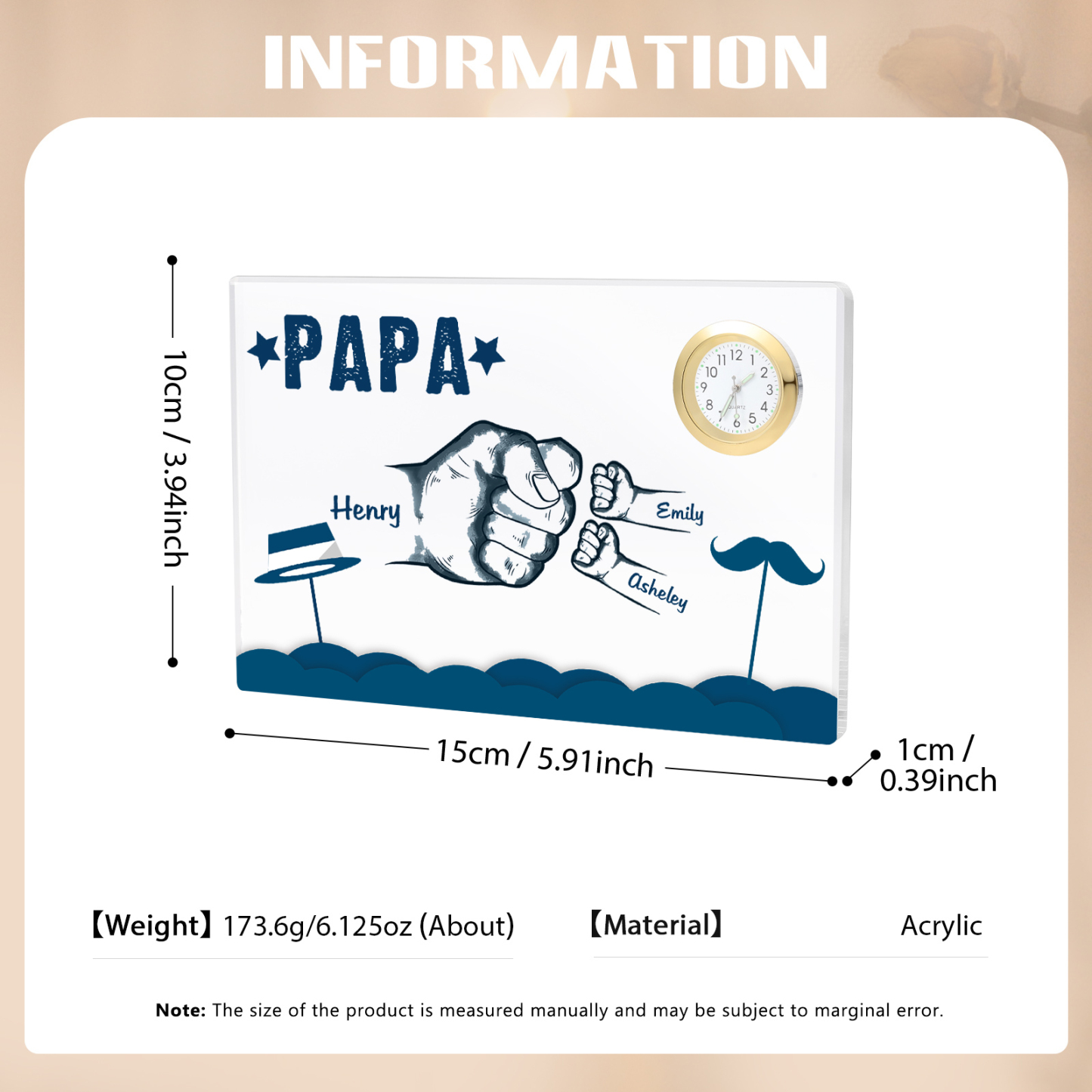 À Papa/Papi - Plaque Acrylique Poings Rectangle avec Horloge 3 Prénoms et 1 Texte Personnalisés