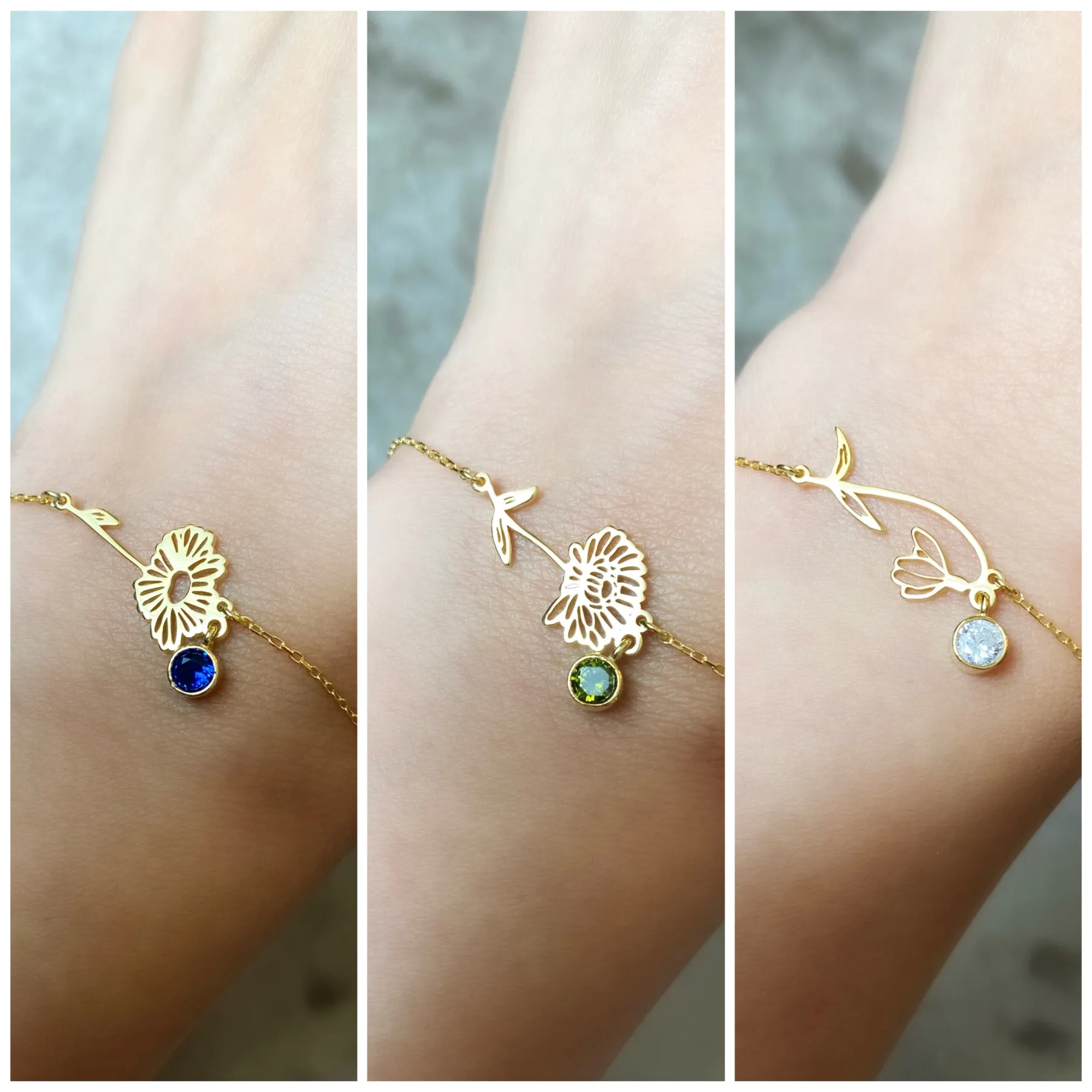 Bracelet Fleur de Naissance Personnalisé avec Pierre de Naissance pour Femme