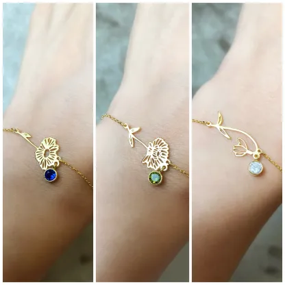 Bracelet Fleur de Naissance Personnalisé avec Pierre de Naissance pour Femme