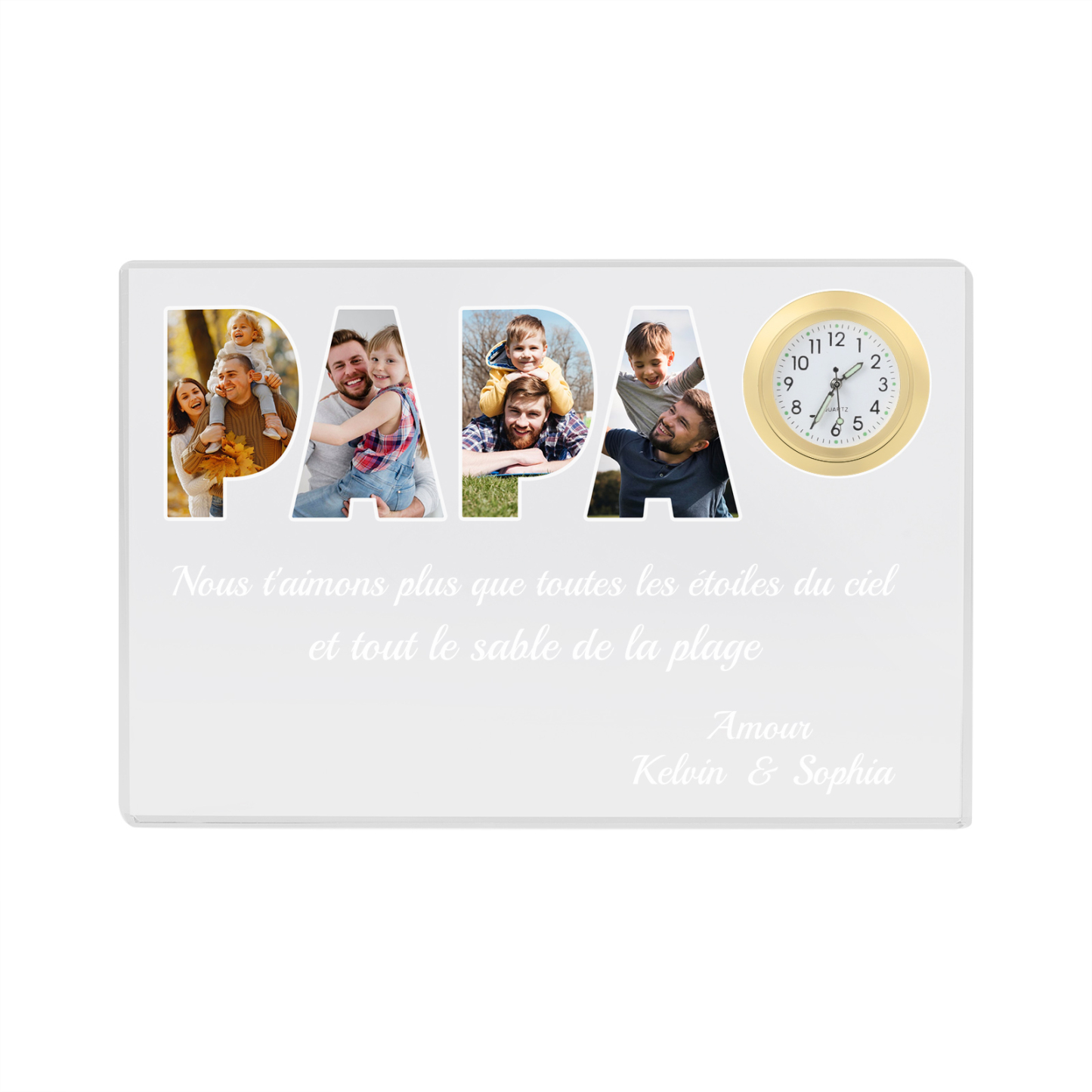 À mon Papa - Plaque Acrylique rectangle avec Horloge 2 Prénoms et 4 Photos Personnalisés