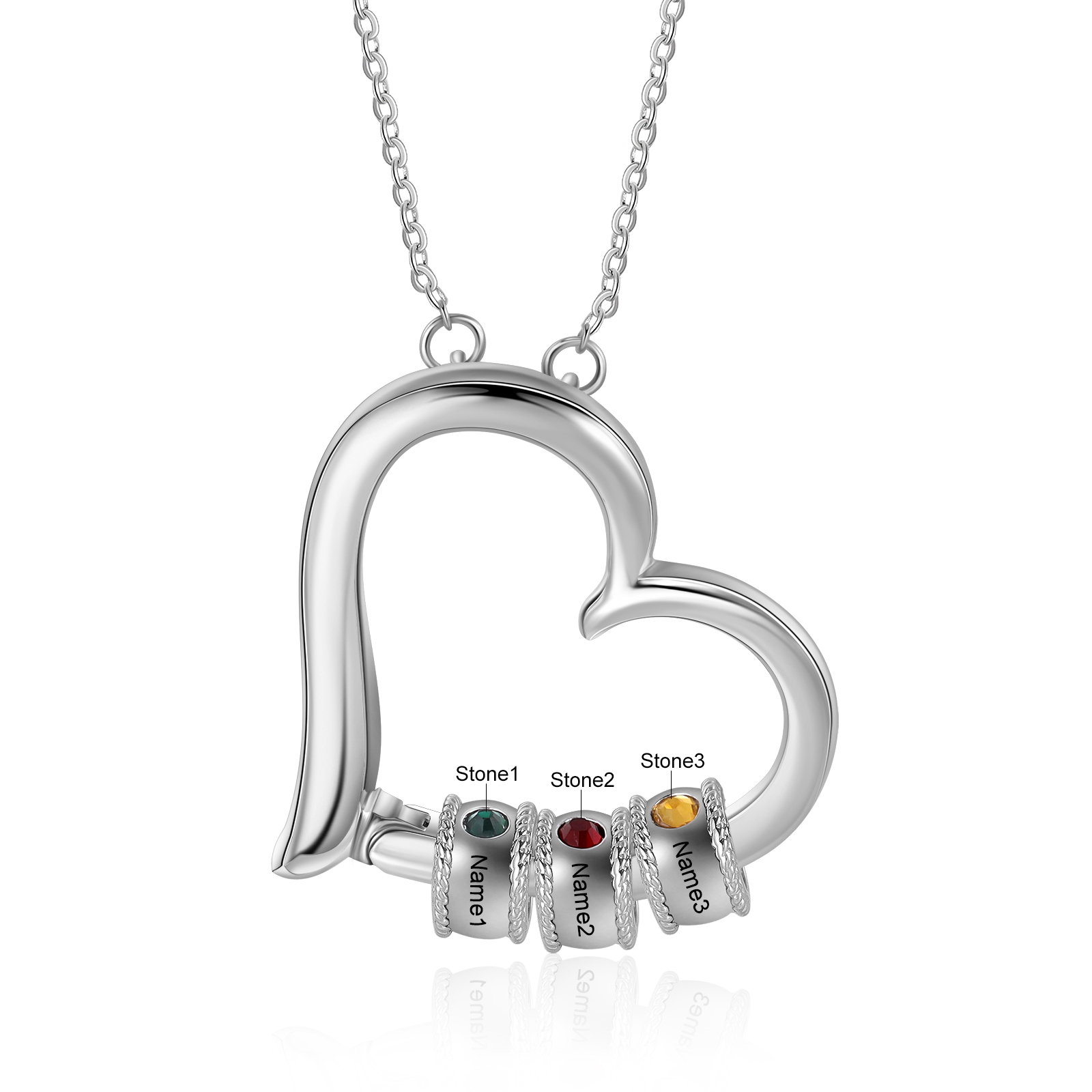Collier 3 Prénom Personnalisé Pendentif Cœur avec 3 Pierre de Naissance