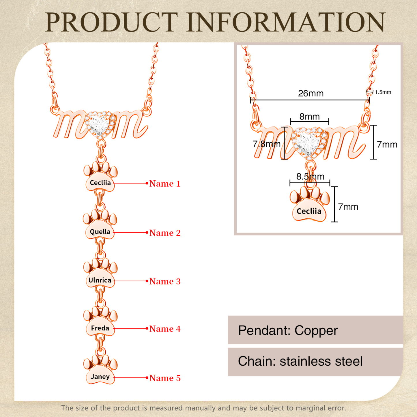 Collier Pendentif Petite Patte 5 Prénoms Personnalisés Collier pour Maman