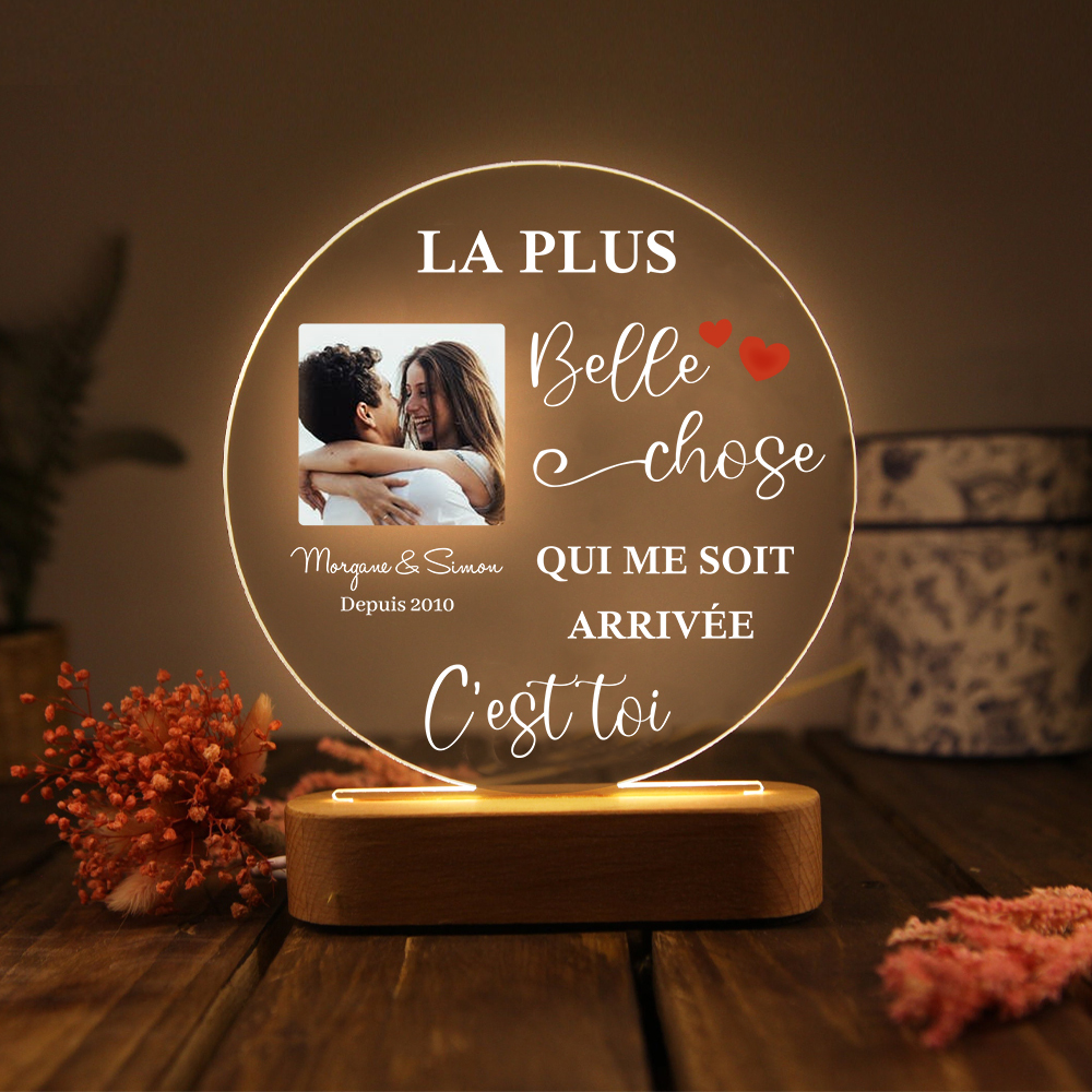 Lampe de chevet Couple LED Lumières 2 Prénoms et 1 Photo Personnalisés avec Date
